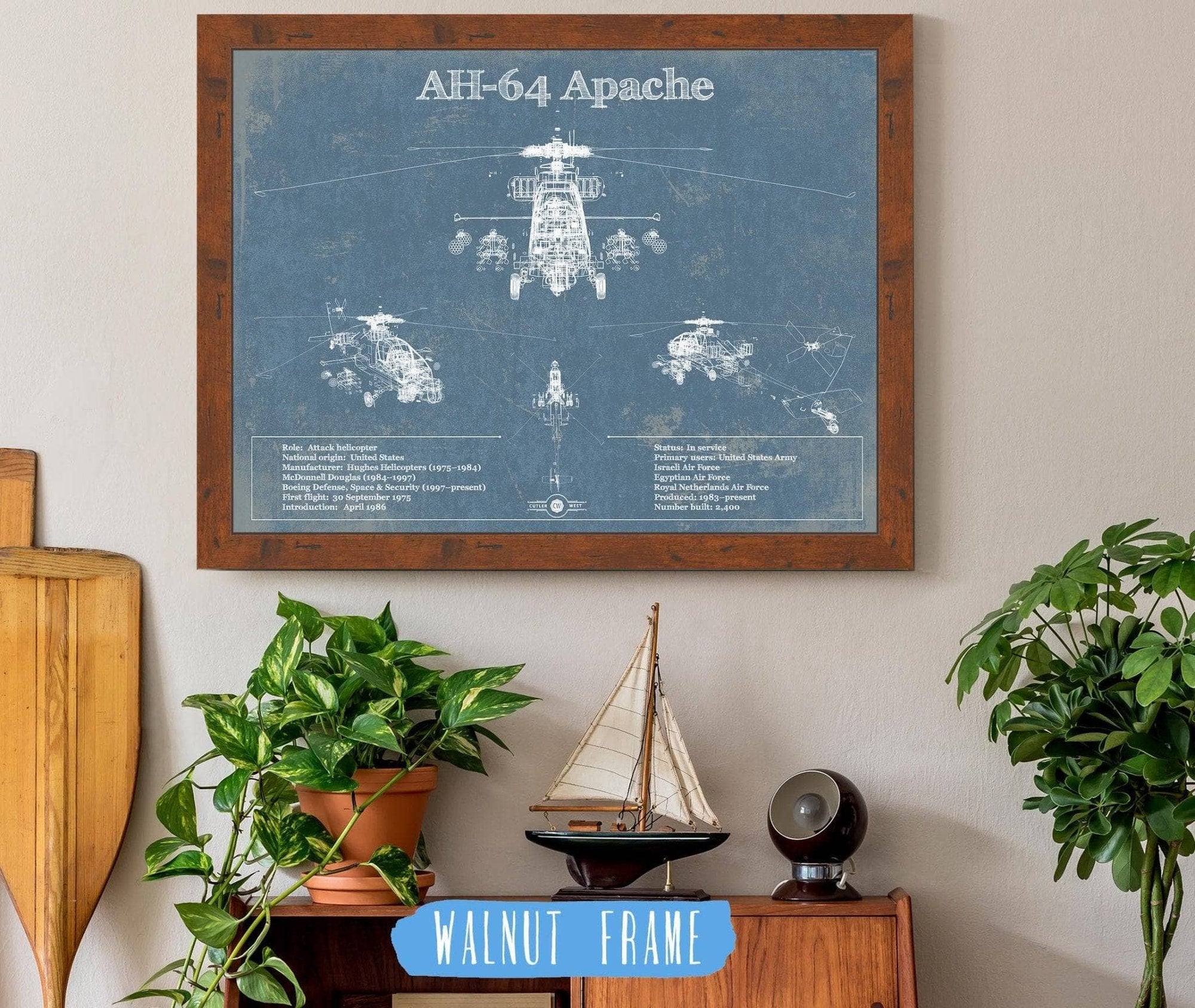 Cutler West Best Selling Collection 14" x 11" / Walnut Frame AH-64 Apache Helicopter Vintage Aviation Blueprint Military Print 797415875-TOP