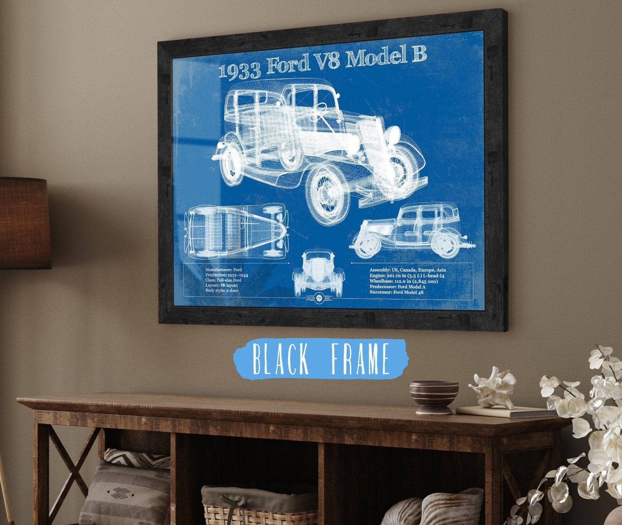 Cutler West Ford Collection 14" x 11" / Black Frame 1933 Ford V8 Model B Vintage Blueprint Auto Print 933311098_32371
