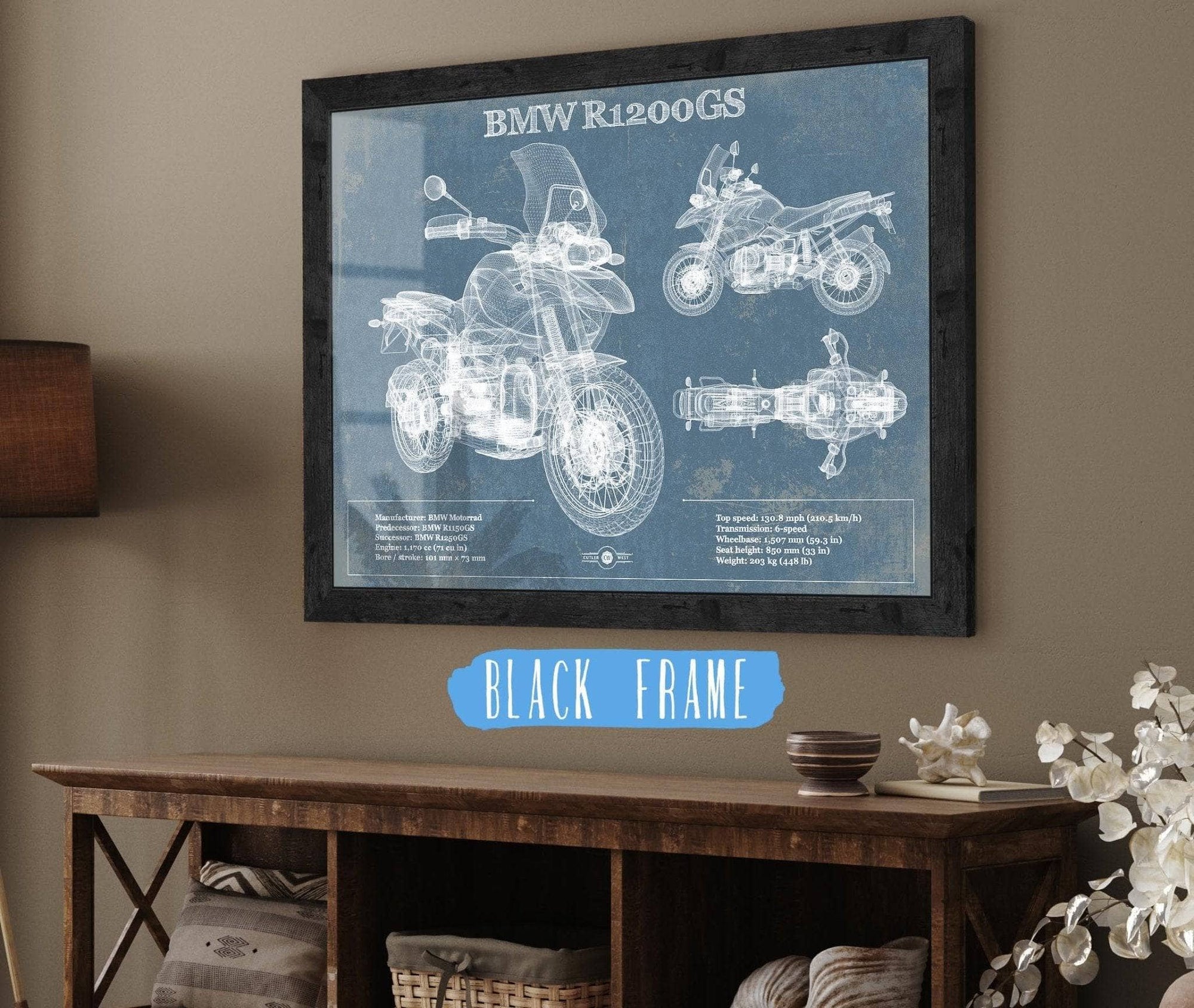 Cutler West Vehicle Collection 14" x 11" / Black Frame BMW R1200GS Blueprint Motorcycle Patent Print 833110086_47418