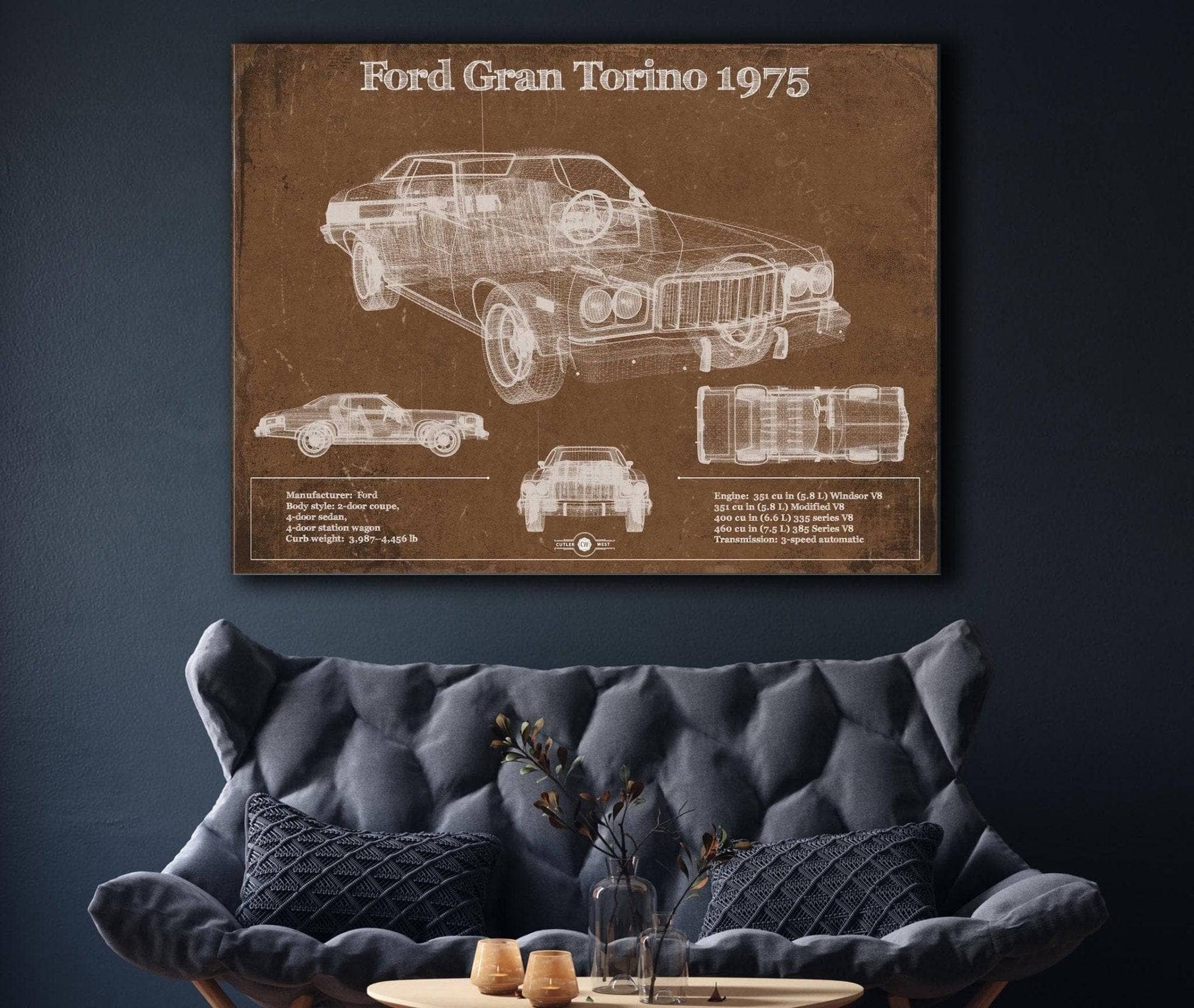 Cutler West Ford Collection Ford Gran Torino 1975 Blueprint Vintage Auto Print