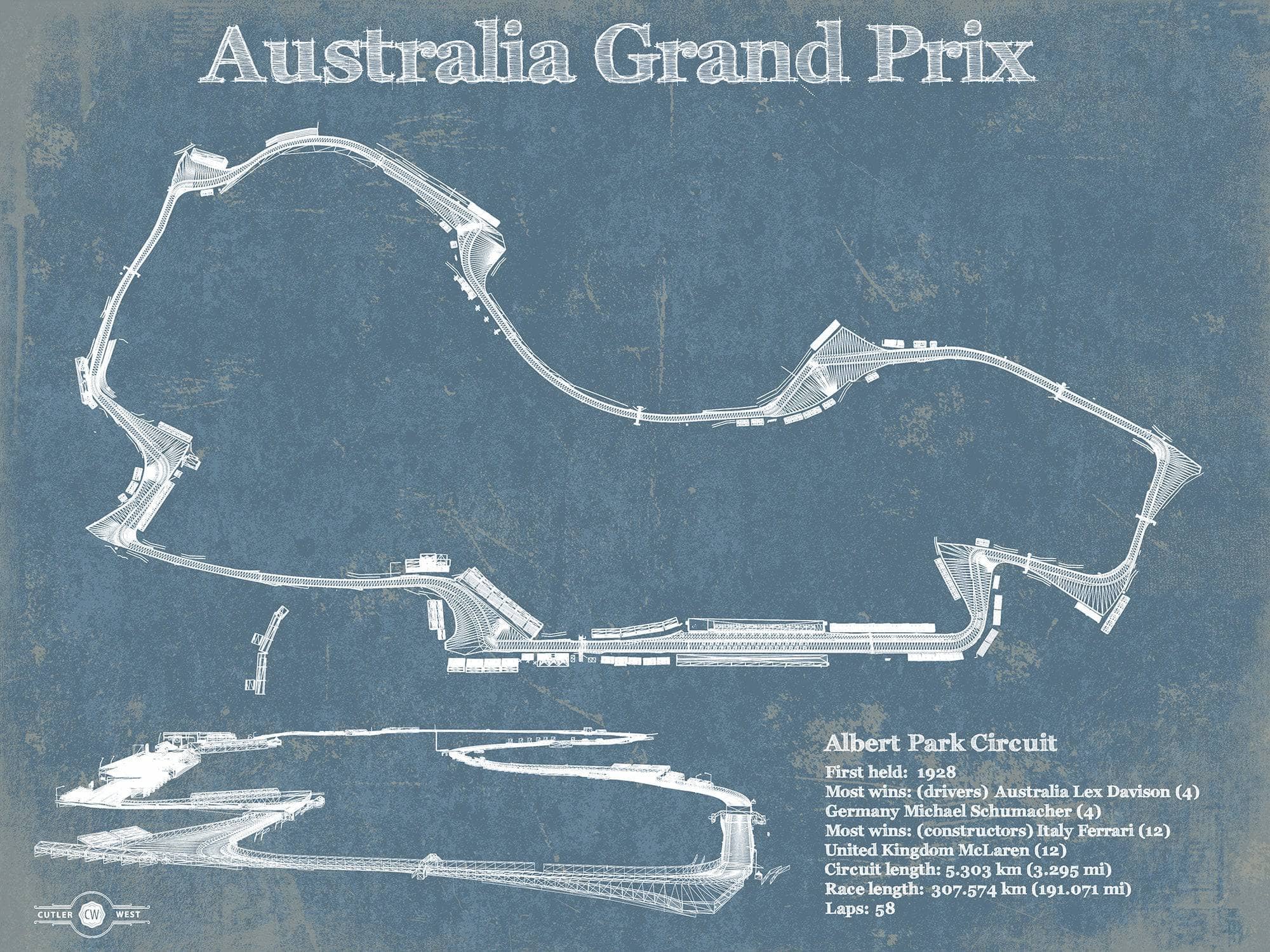 Cutler West Racetrack Collection 14" x 11" / Unframed Australian Grand Prix Formula One Blueprint Race Track Print 806644841_35867