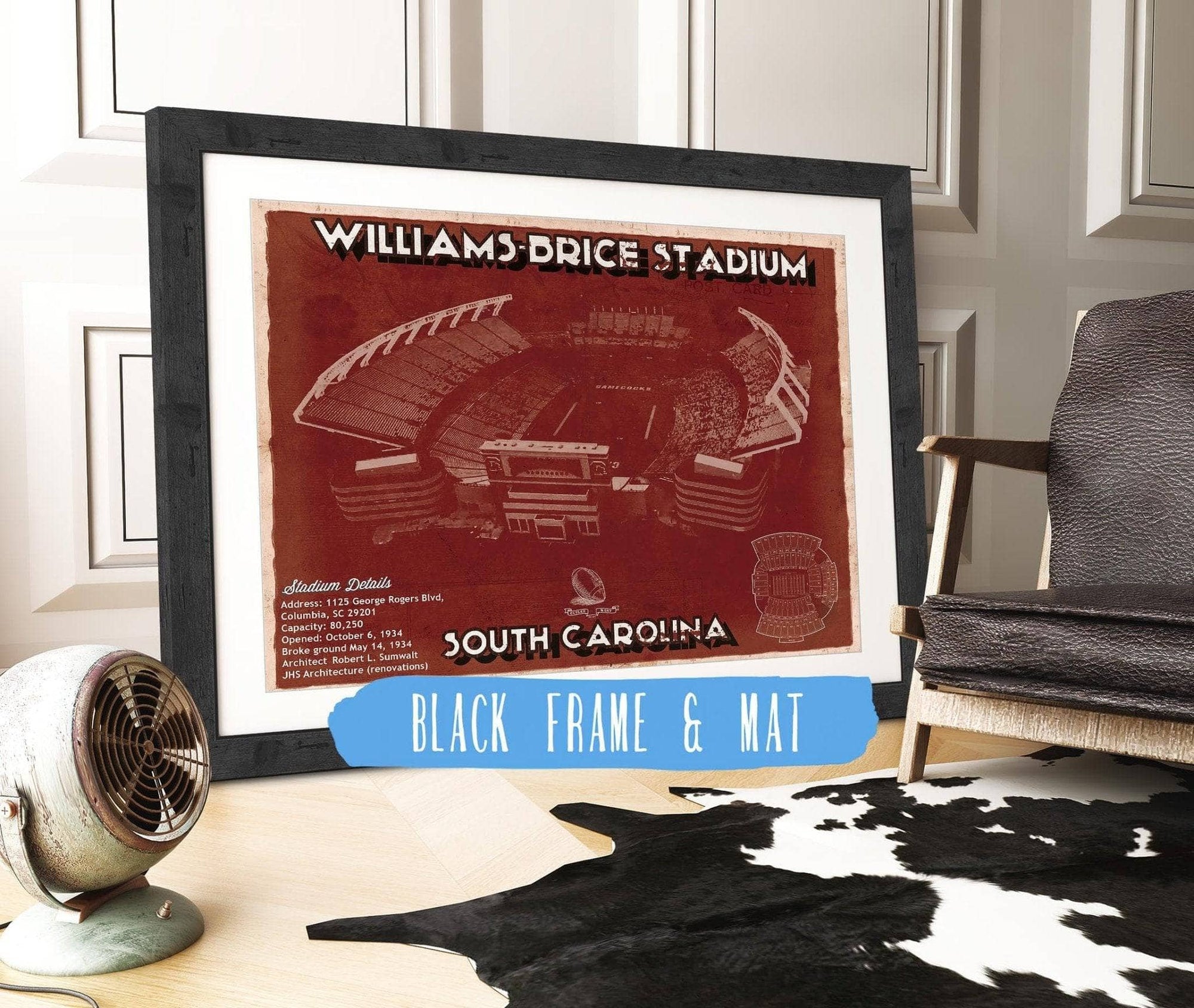 Cutler West 14" x 11" / Black Frame & Mat Williams-Brice Stadium Art - South Carolina Gamecocks Vintage Blueprint Art Chart 649671257-14"-x-11"24996