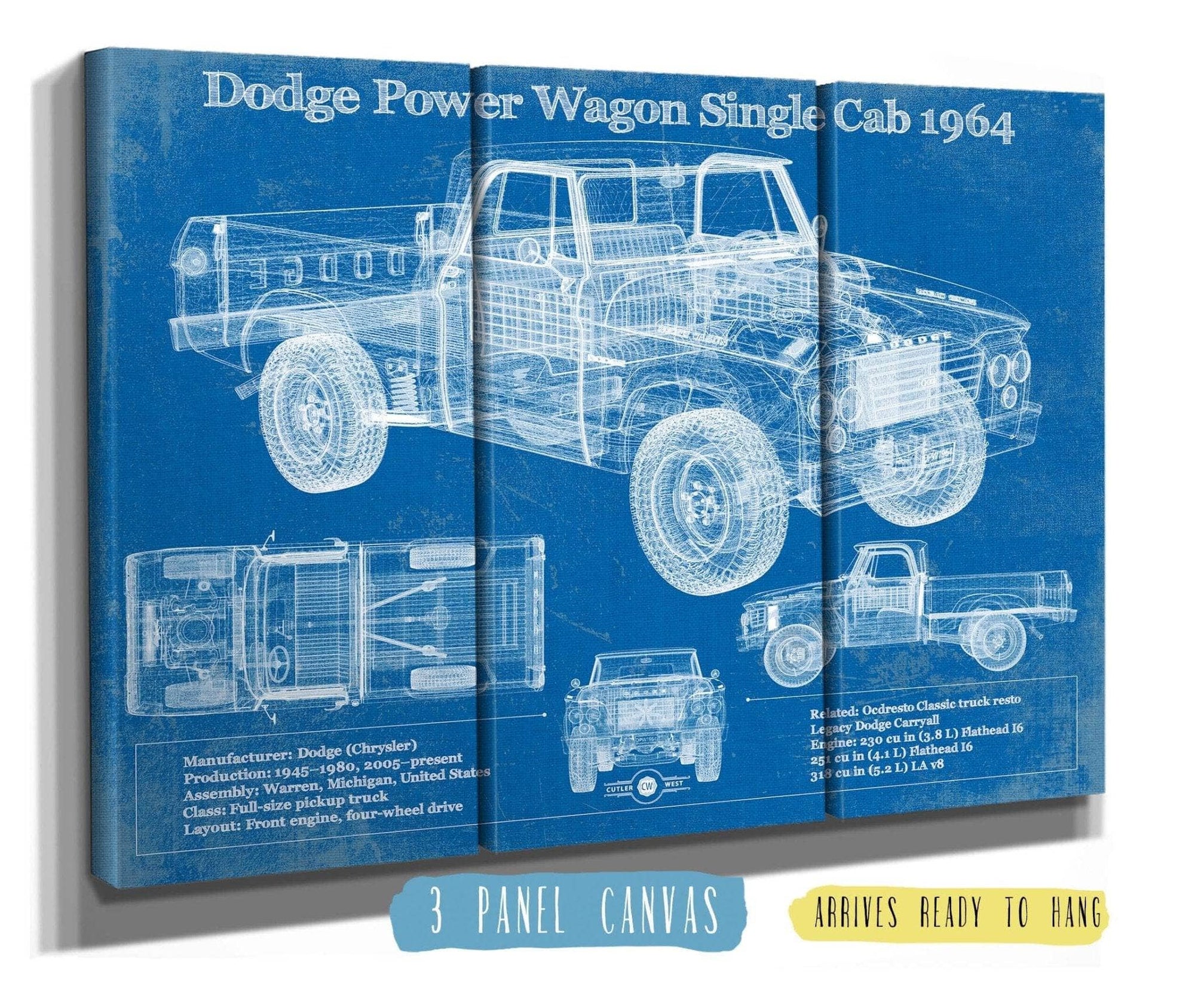 Cutler West Dodge Collection 48" x 32" / 3 Panel Canvas Wrap Dodge Power Wagon Single Cab 1964 Vintage Blueprint Auto Print 933311009_58819