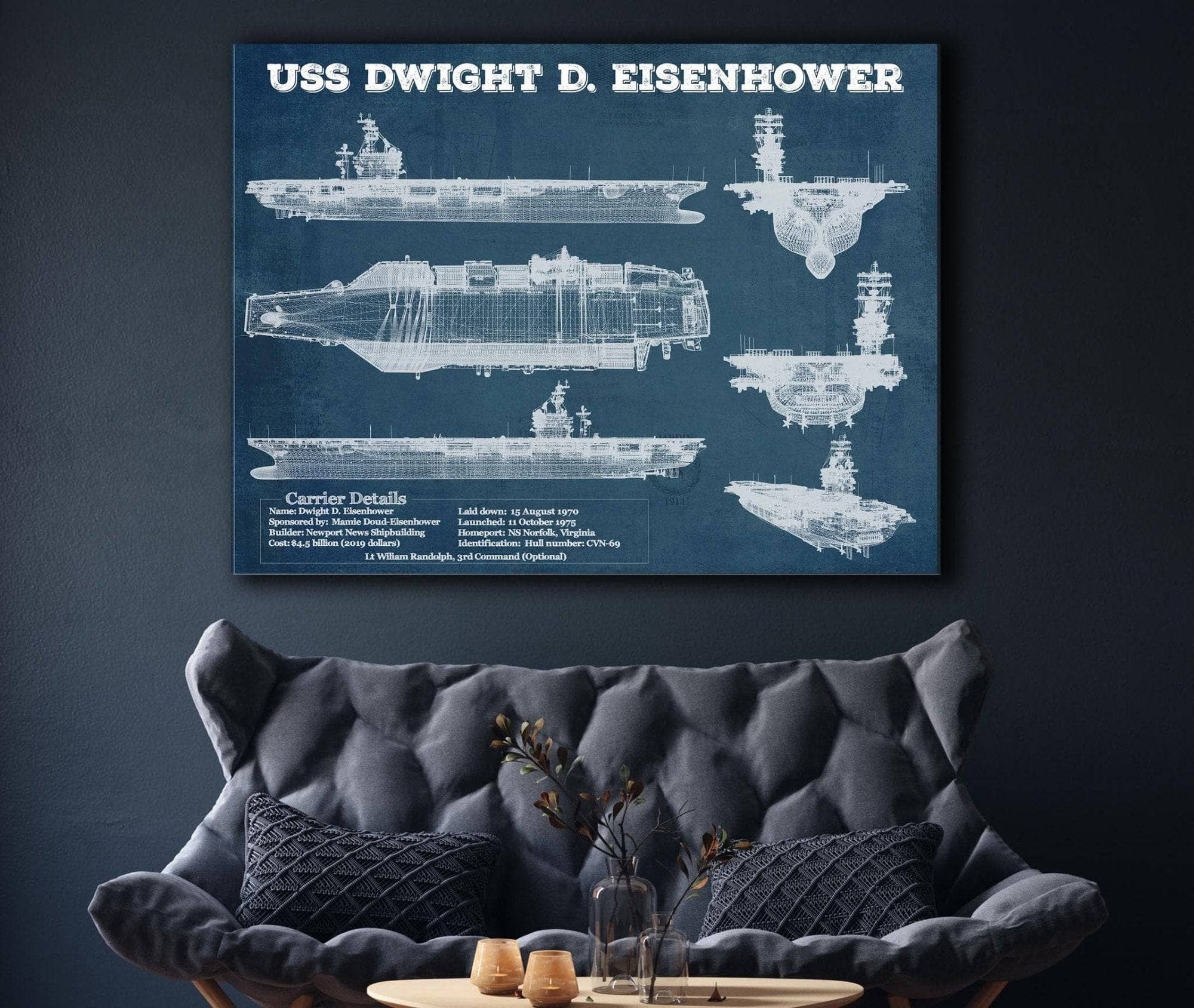 Cutler West Naval Military USS Dwight Eisenhower CVN69 Aircraft Carrier Blueprint Original Military Wall Art - Customizable