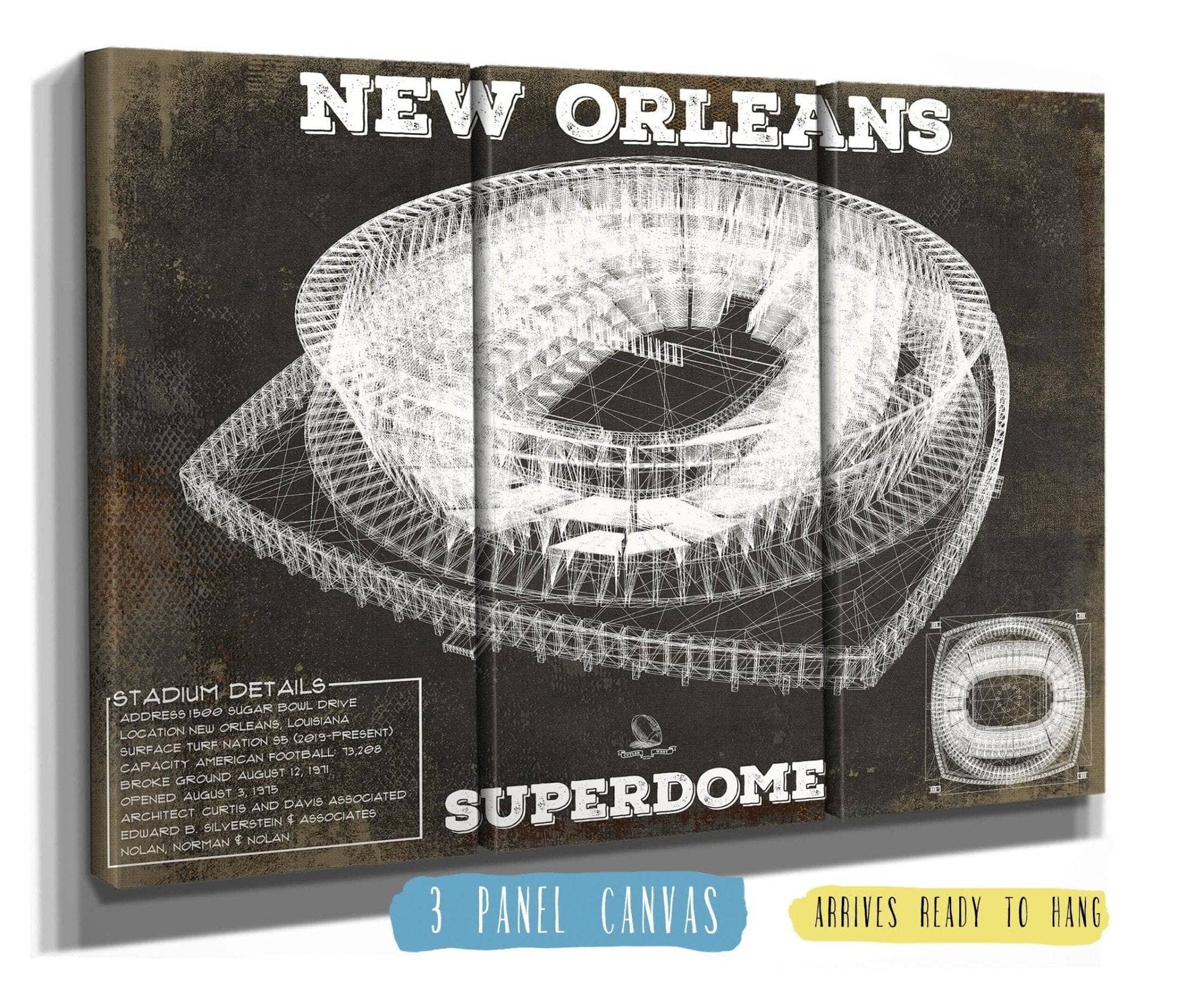 Cutler West Pro Football Collection 48" x 32" / 3 Panel Canvas Wrap New Orleans Saints Superdome Seating Chart - Vintage Football Print 734084112-TOP