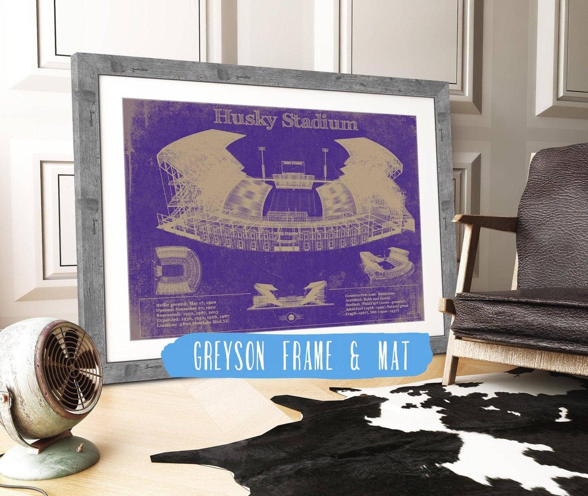 Cutler West 14" x 11" / Greyson Frame & Mat Washington Huskies Art - Husky Stadium Vintage Stadium Blueprint Art Print 835000008-14"-x-11"59437