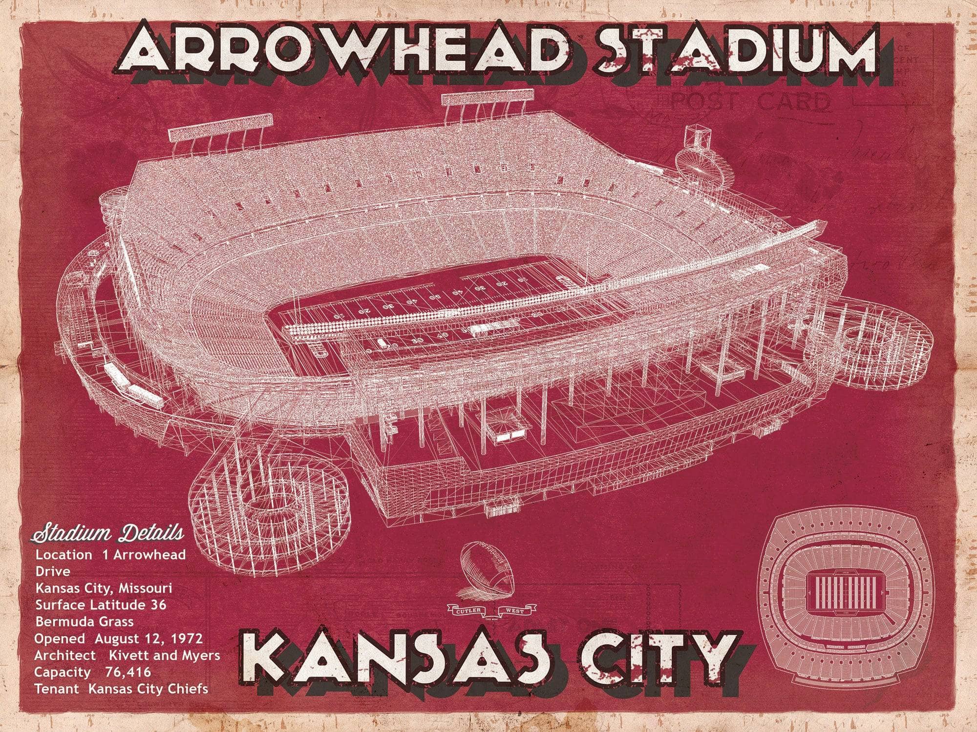 Cutler West Pro Football Collection 14" x 11" / Unframed Kansas City Chiefs Arrowhead Stadium Vintage Football Print 698887690