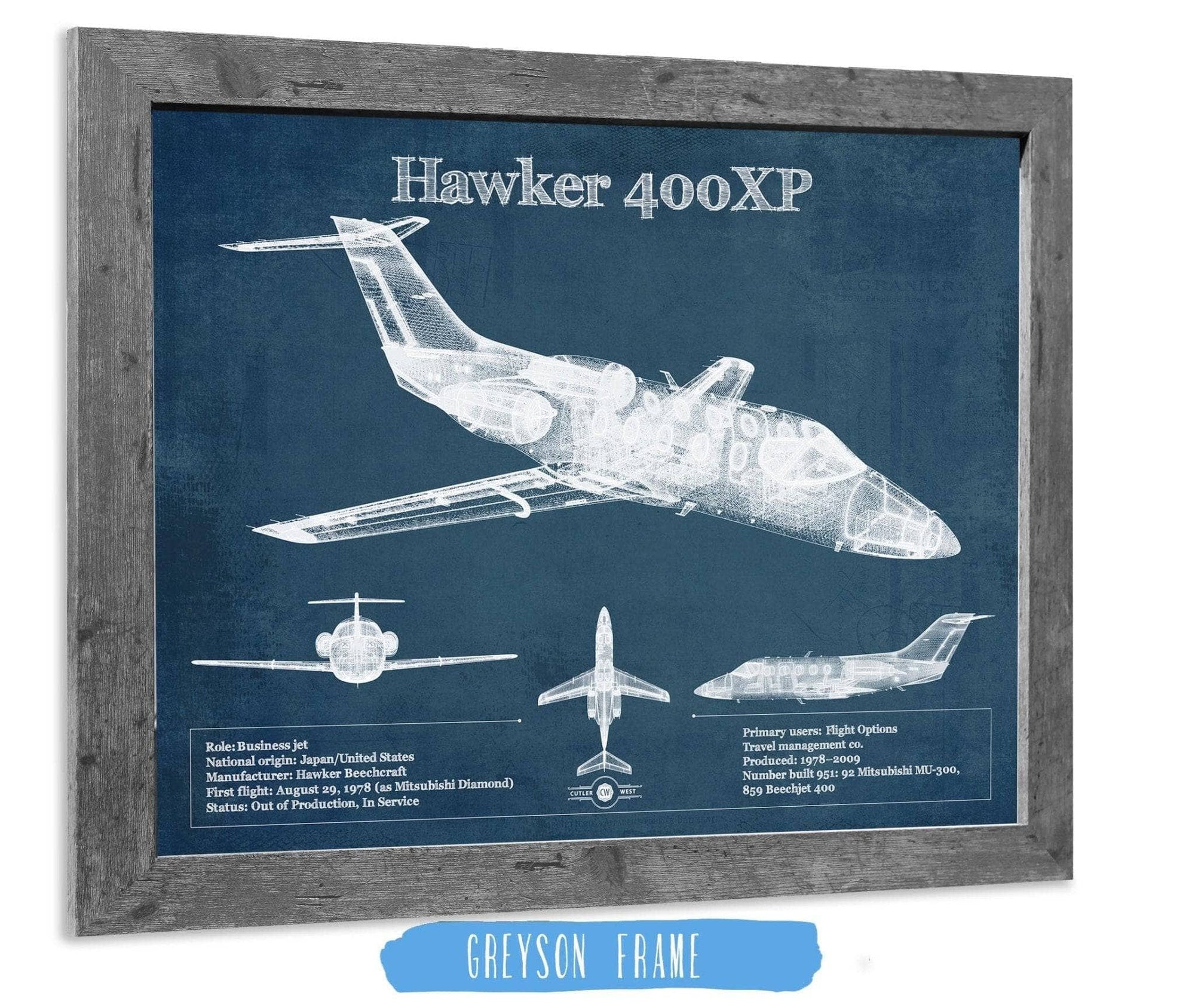 Cutler West Hawker 400XP Vintage Blueprint Airplane Print