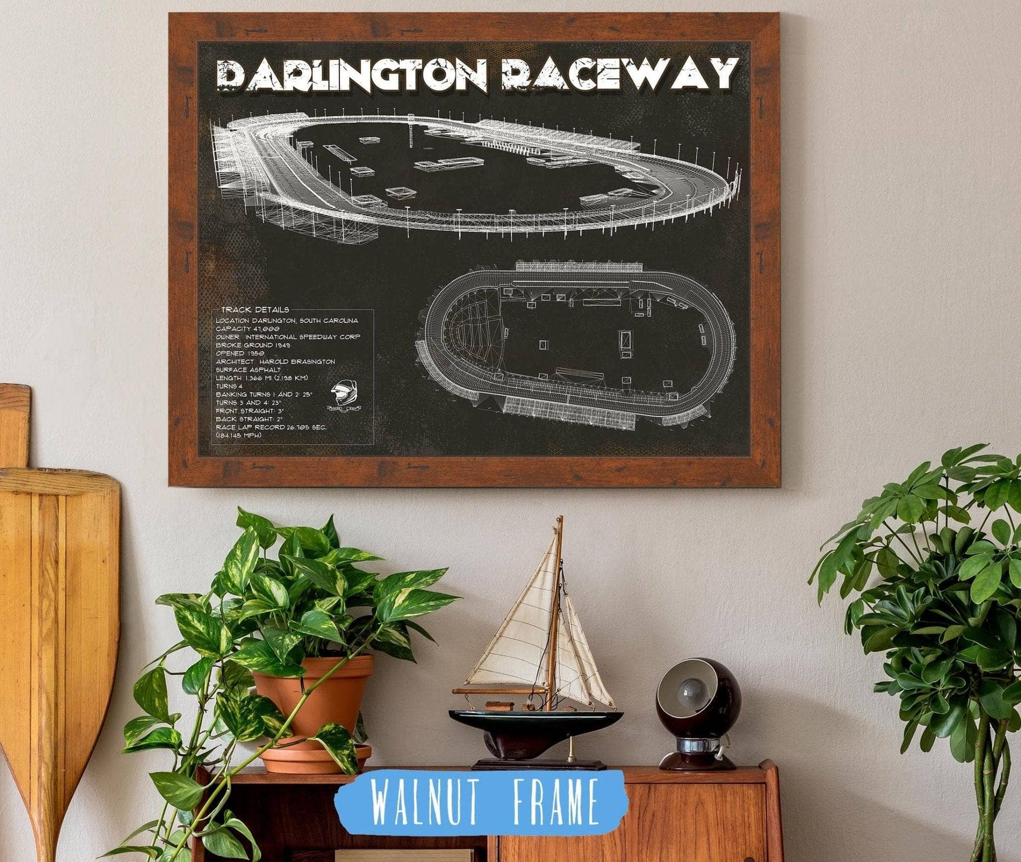 Cutler West Racetrack Collection 14" x 11" / Walnut Frame Darlington Raceway Blueprint NASCAR Race Track Print 745806981_54680