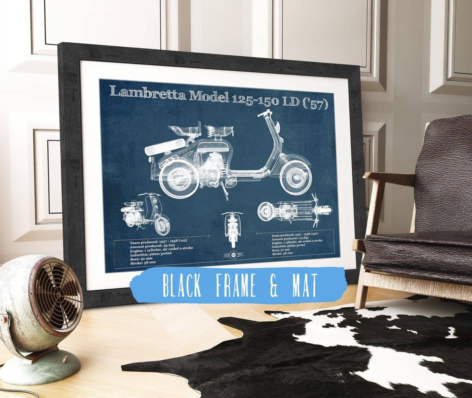 Cutler West 14" x 11" / Black Frame & Mat Lambretta Model 125 150 LD ('57) Vintage Blueprint Motorcycle Print 933350102_15568