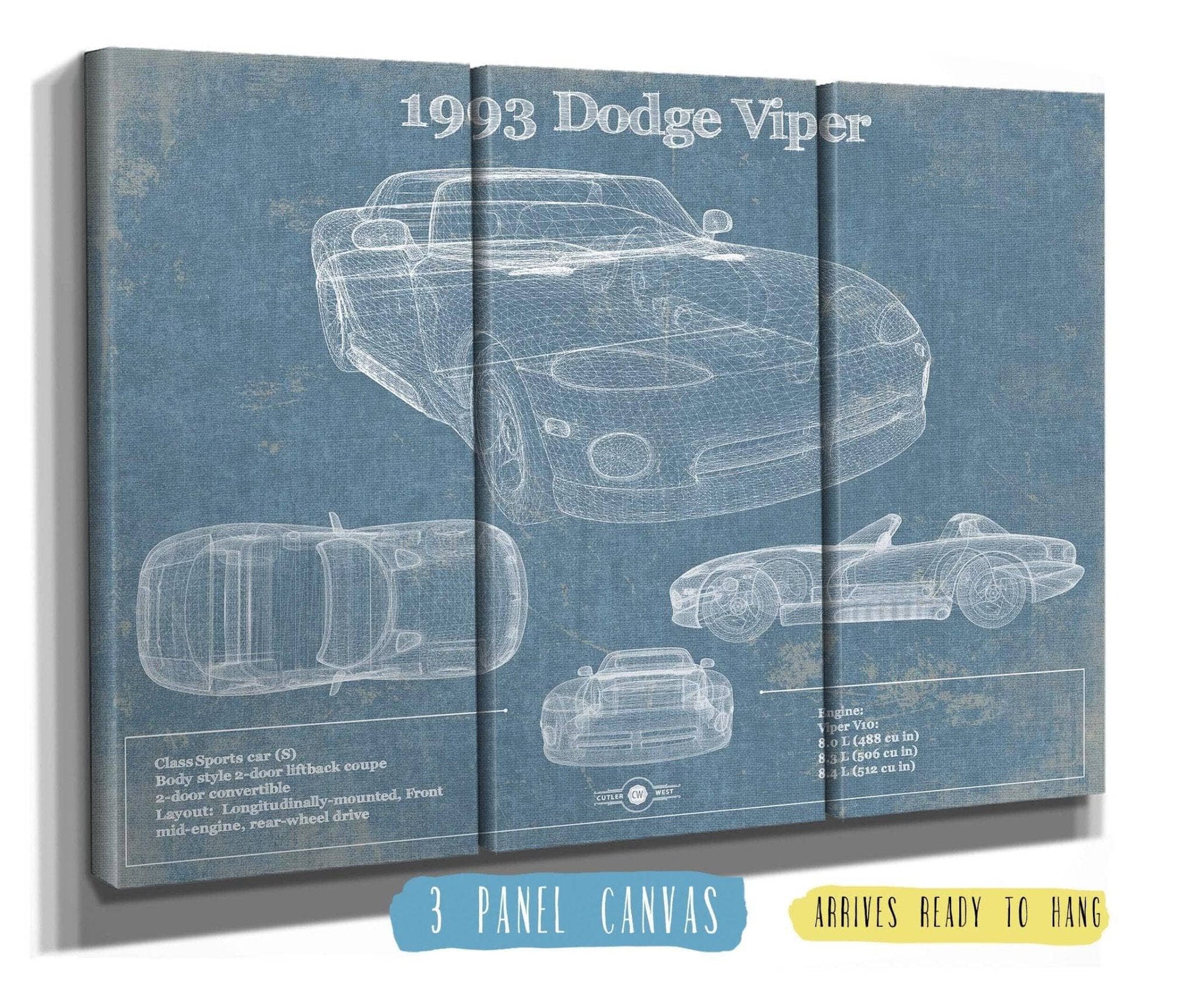 Cutler West Dodge Collection 48" x 32" / 3 Panel Canvas Wrap 1993 Dodge Viper Vintage Blueprint Auto Print 933350122_39679