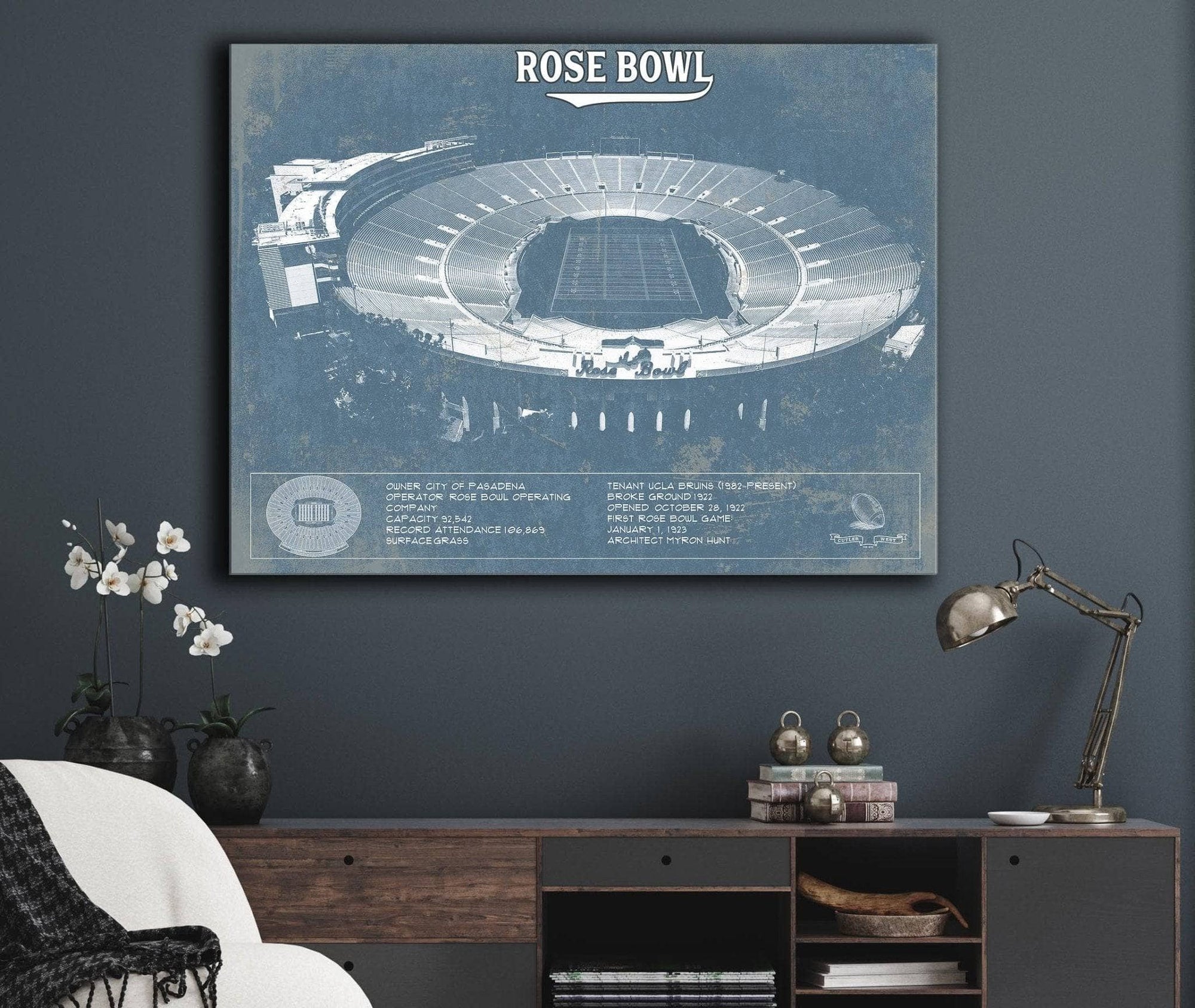 Cutler West College Football Collection UCLA Bruins Art - Rose Bowl Vintage Stadium Blueprint Art Print