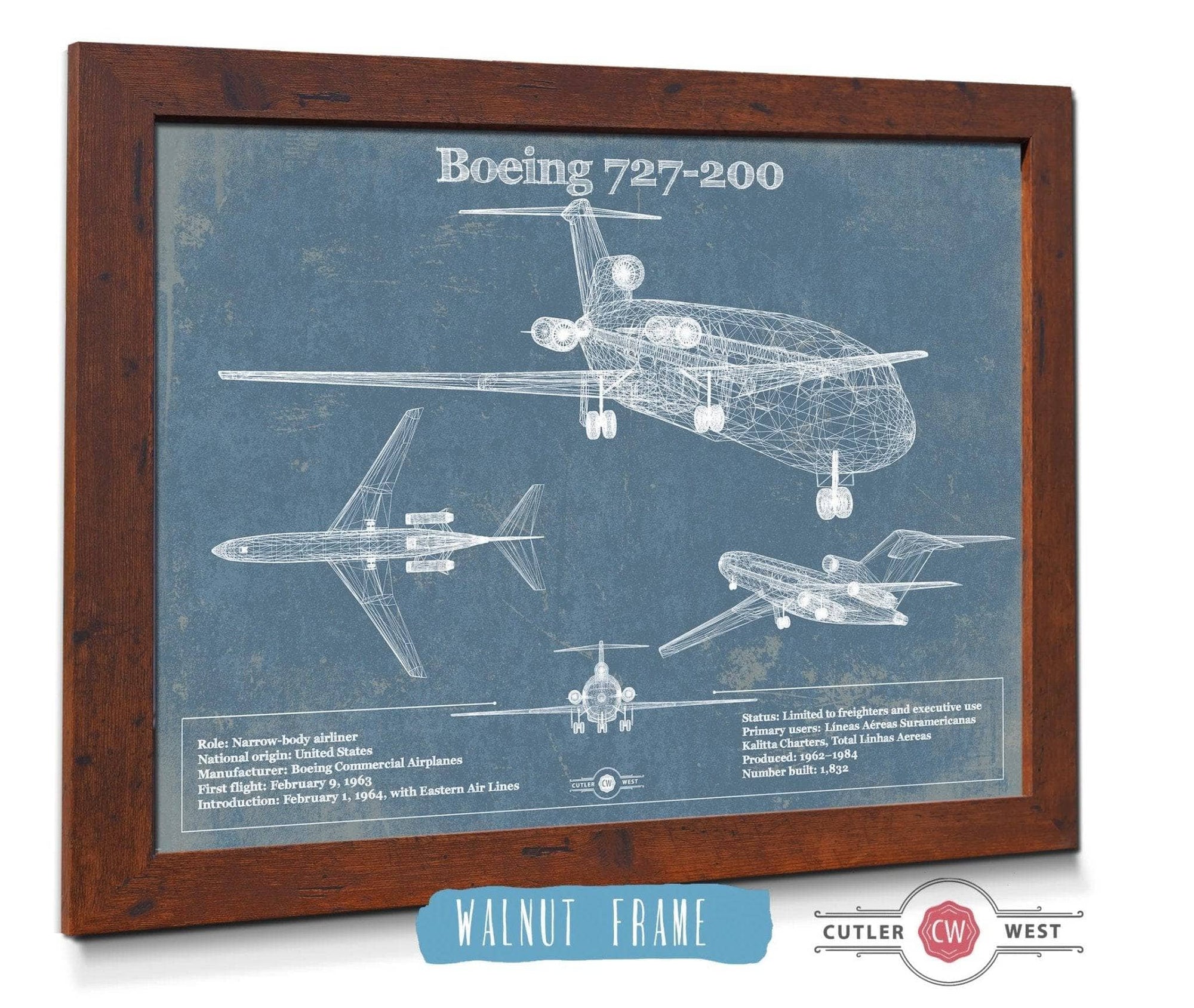 Cutler West Boeing Collection Boeing 727-200 Vintage Aviation Blueprint Print - Custom Pilot Name Can Be Added