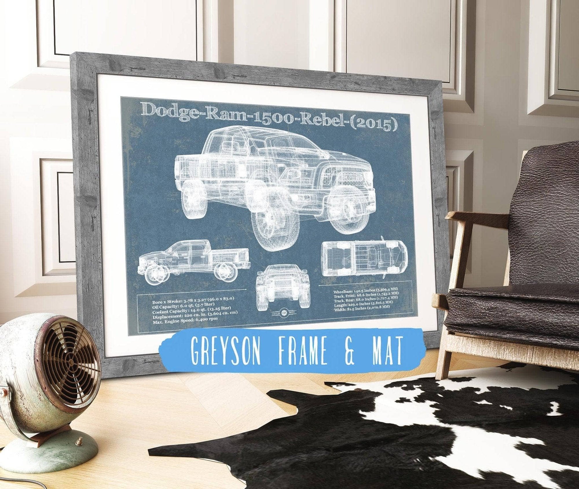 Cutler West Dodge Collection 14" x 11" / Greyson Frame & Mat Dodge Ram 1500 Rebel (2015) Vintage Blueprint Auto Print 833110096_58579