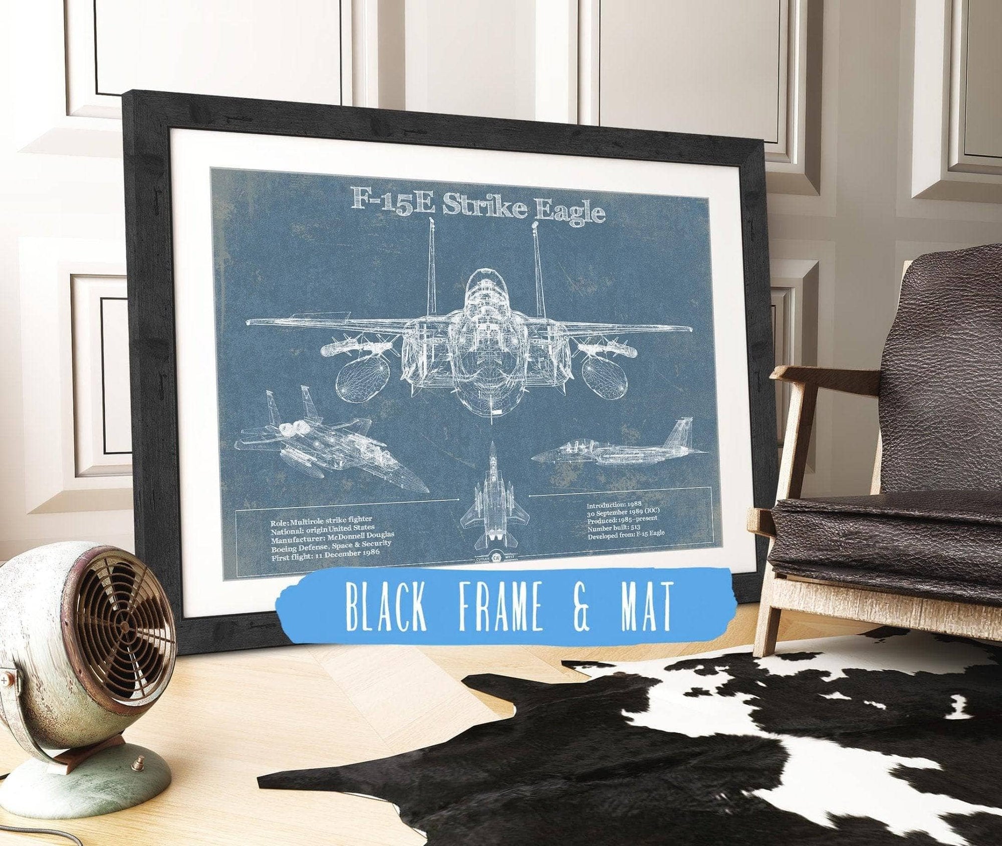 Cutler West Military Aircraft 14" x 11" / Black Frame & Mat McDonnell Douglas F-15E Strike Eagle Vintage Aviation Blueprint Military Print - Custom Name and Squadron Text 933311081_11740