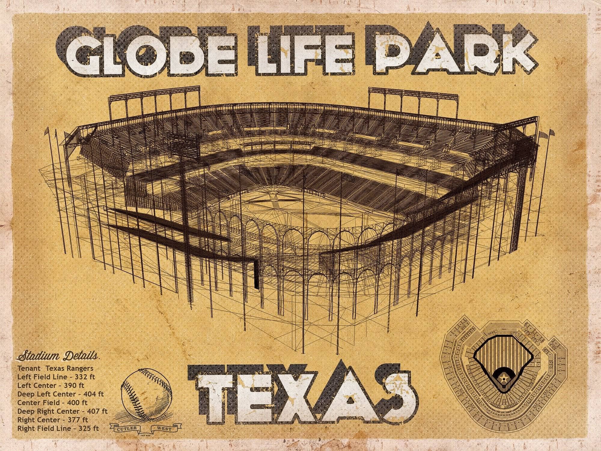 Cutler West Baseball Collection 14" x 11" / Unframed Texas Rangers - Globe Life Park Vintage Stadium Baseball Print 714064343_63388