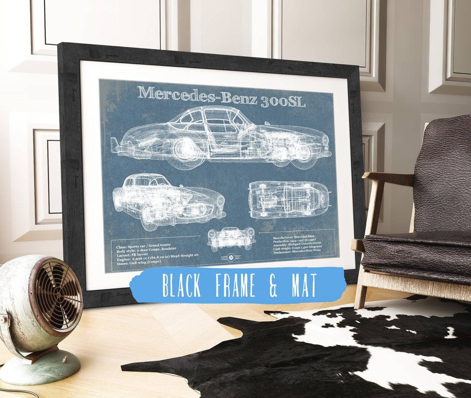 Cutler West Mercedes Benz Collection 14" x 11" / Black Frame & Mat Mercedes-Benz 300 SL Gullwing 1950 Original Blueprint Art 887018247_22290