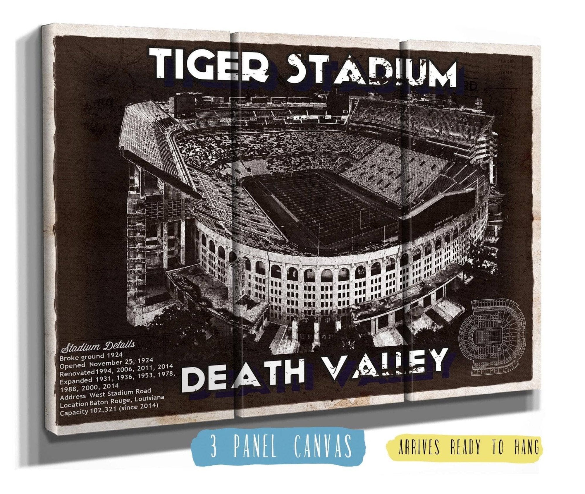 Cutler West College Football Collection 48" x 32" / 3 Panel Canvas Wrap Tiger Stadium Art - LSU Tigers Vintage Stadium & Blueprint Art Print 933311065