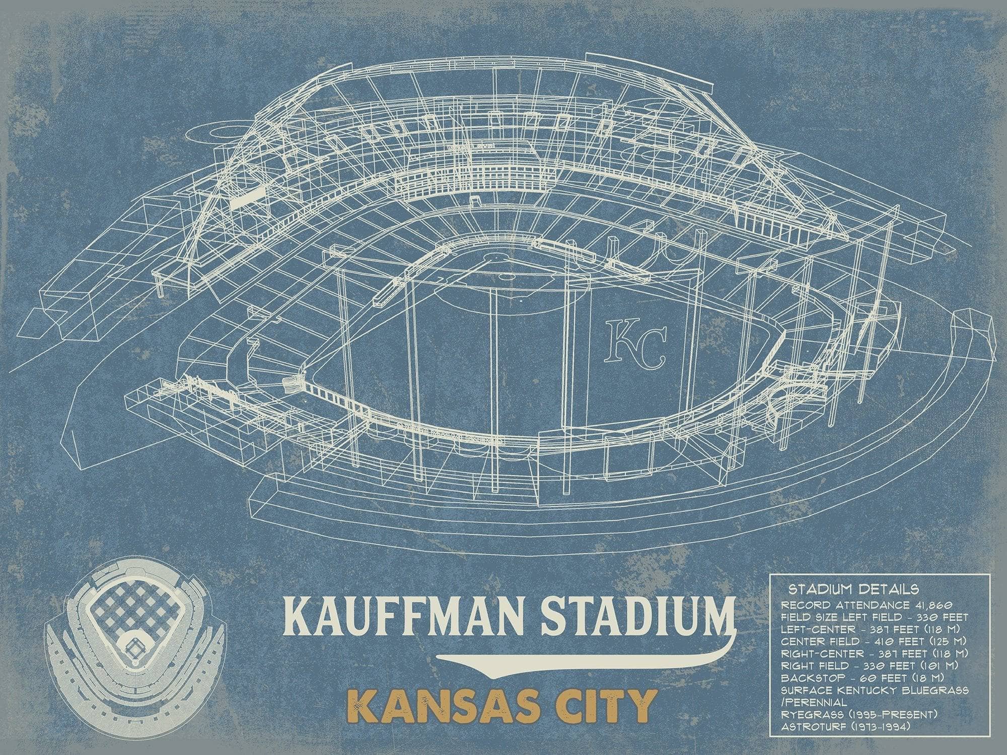 Cutler West Baseball Collection 14" x 11" / Unframed Kansas City Royals Kauffman Stadium Vintage Baseball Print 694509217-TOP