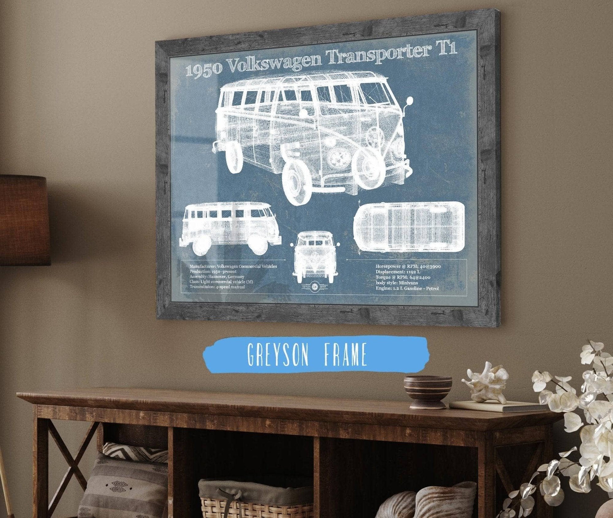 Cutler West Vehicle Collection 1950 Volkswagen Transporter T1 Vintage Blueprint Auto Print