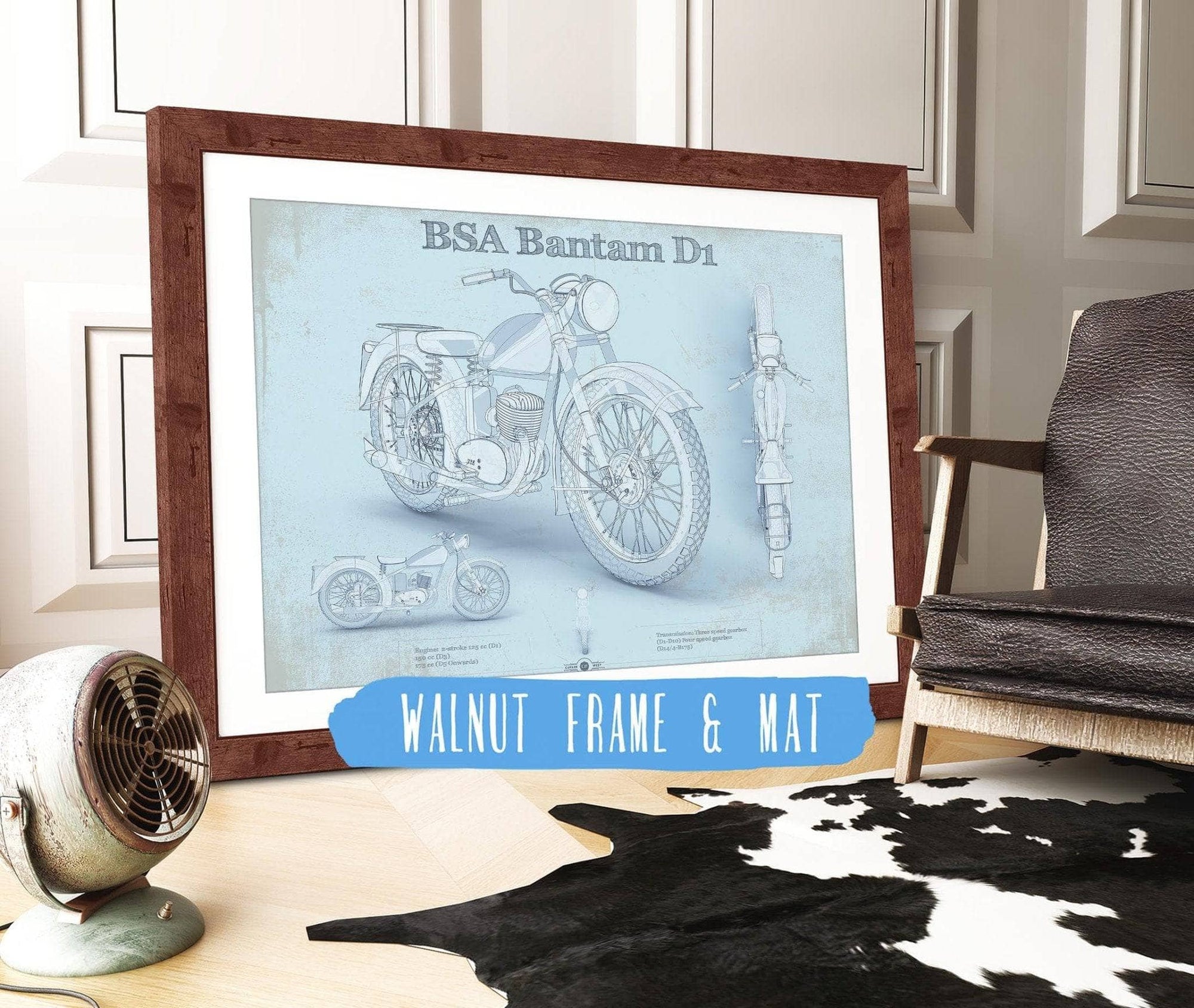 Cutler West 14" x 11" / Walnut Frame & Mat BSA Bantam D1 Blueprint Motorcycle Patent Print 833110063_46365