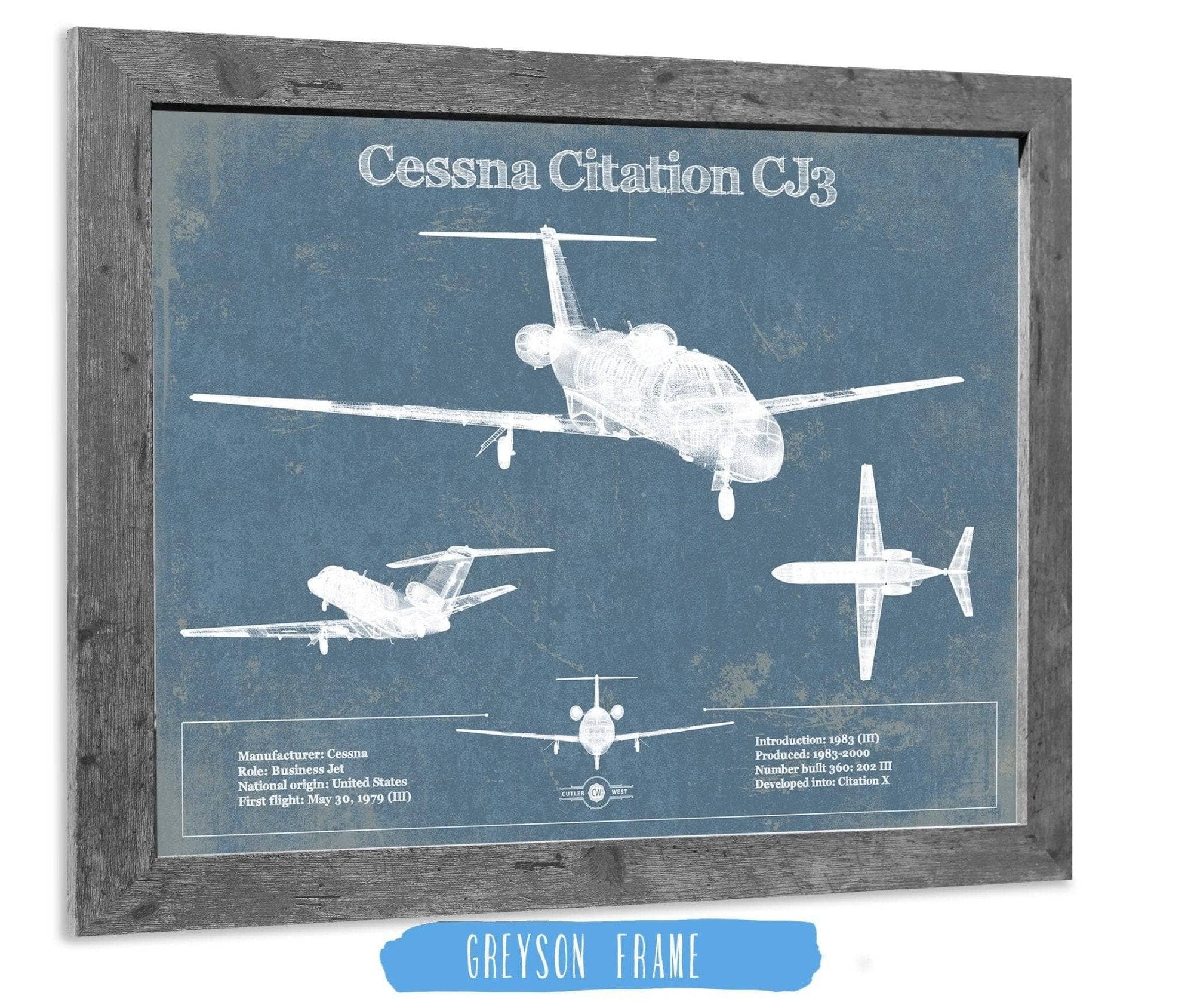 Cutler West Cessna Collection 14" x 11" / Greyson Frame Cessna Citation CJ3 Original Blueprint Art 845000290_49932