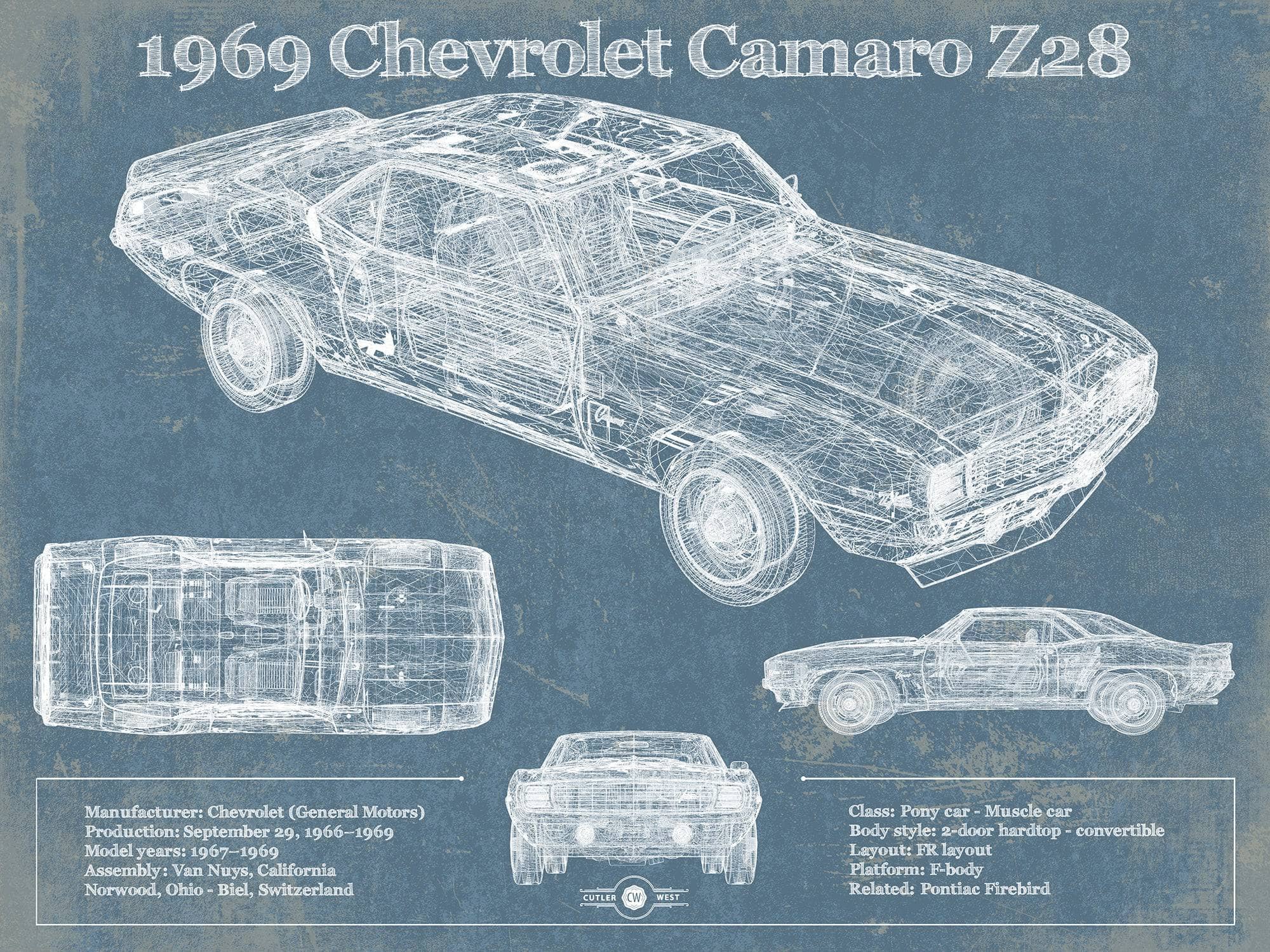 Cutler West Chevrolet Collection 1969 Chevrolet Camaro Z28 Blueprint Vintage Auto Patent Print