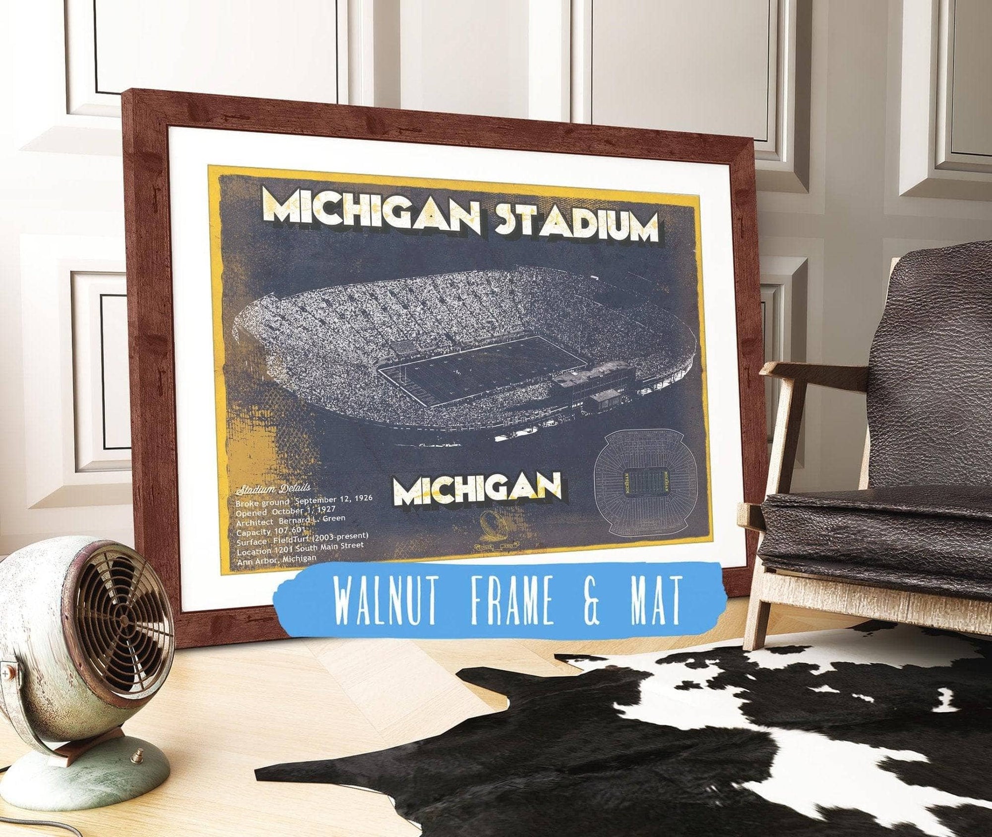 Cutler West College Football Collection 14" x 11" / Walnut Frame & Mat Michigan Wolverines Art - Michigan Stadium Vintage Stadium Blueprint Art Print 729151057-TOP_73995