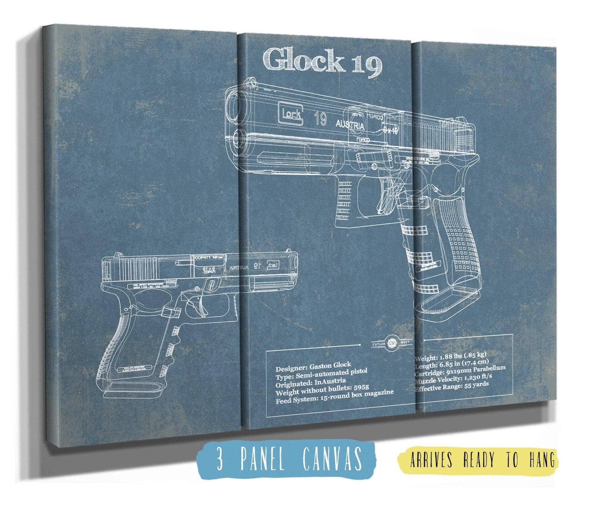 Cutler West Military Weapons Collection 48" x 32" / 3 Panel Canvas Wrap Glock 19 Blueprint Vintage Gun Print 946593923_12184