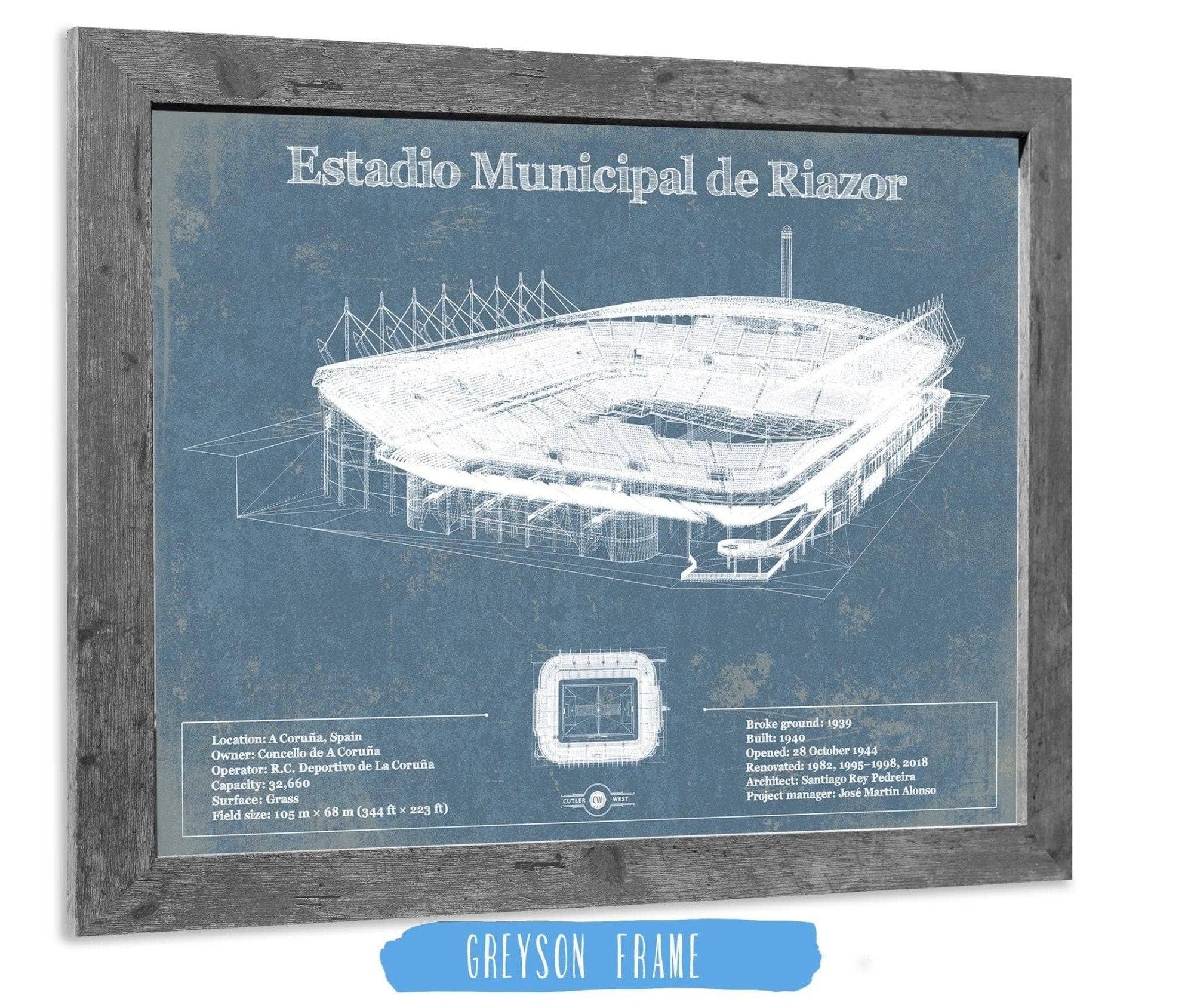 Cutler West Soccer Collection 14" x 11" / Greyson Frame Estadio Municipal De Riazor Stadium Blueprint Vintage Soccer (Football) Print 885468128_57258