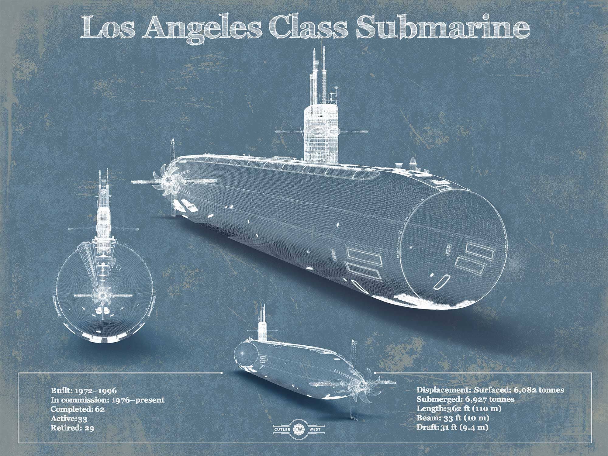 Cutler West Naval Military 14" x 11" / Unframed Los Angeles-class submarine Blueprint Patent Original Art 845000153_65302