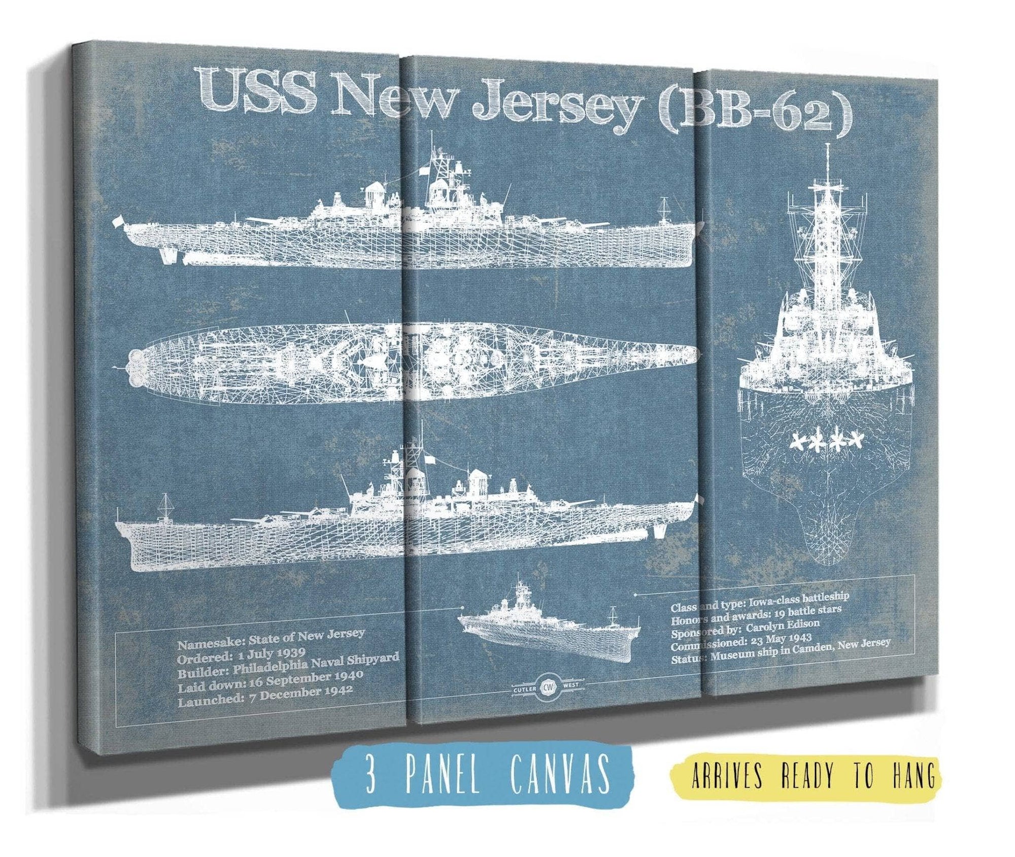 Cutler West Naval Military 48" x 32" / 3 Panel Canvas Wrap USS New Jersey (BB-62) Battleship Blueprint Original Military Wall Art - Customizable 933350068_24582