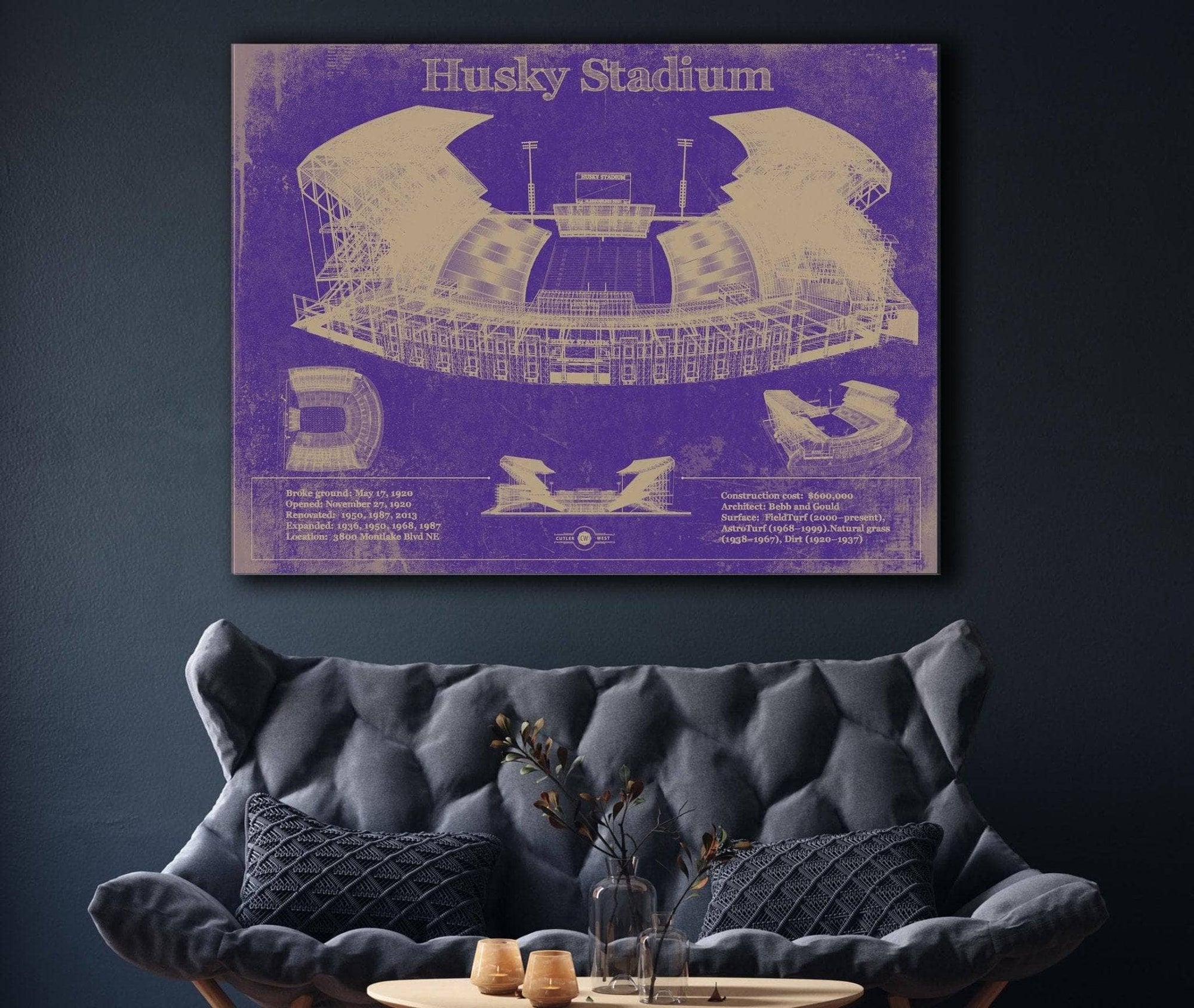 Cutler West Washington Huskies Art - Husky Stadium Vintage Stadium Blueprint Art Print