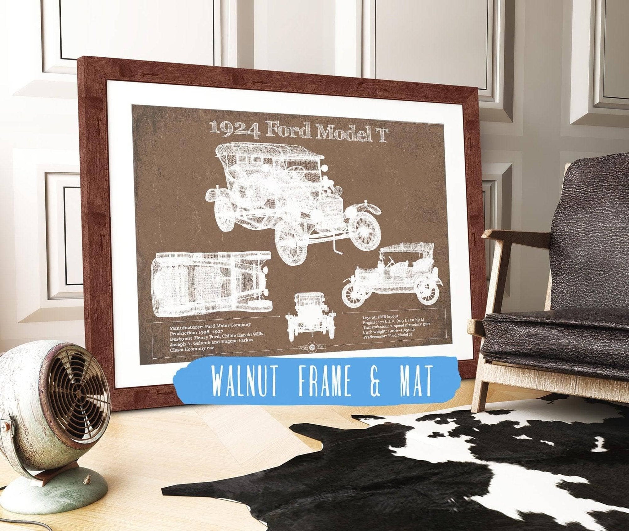 Cutler West Ford Collection 14" x 11" / Walnut Frame Mat 1924 Ford Model T Vintage Blueprint Auto Print 933350040_33760