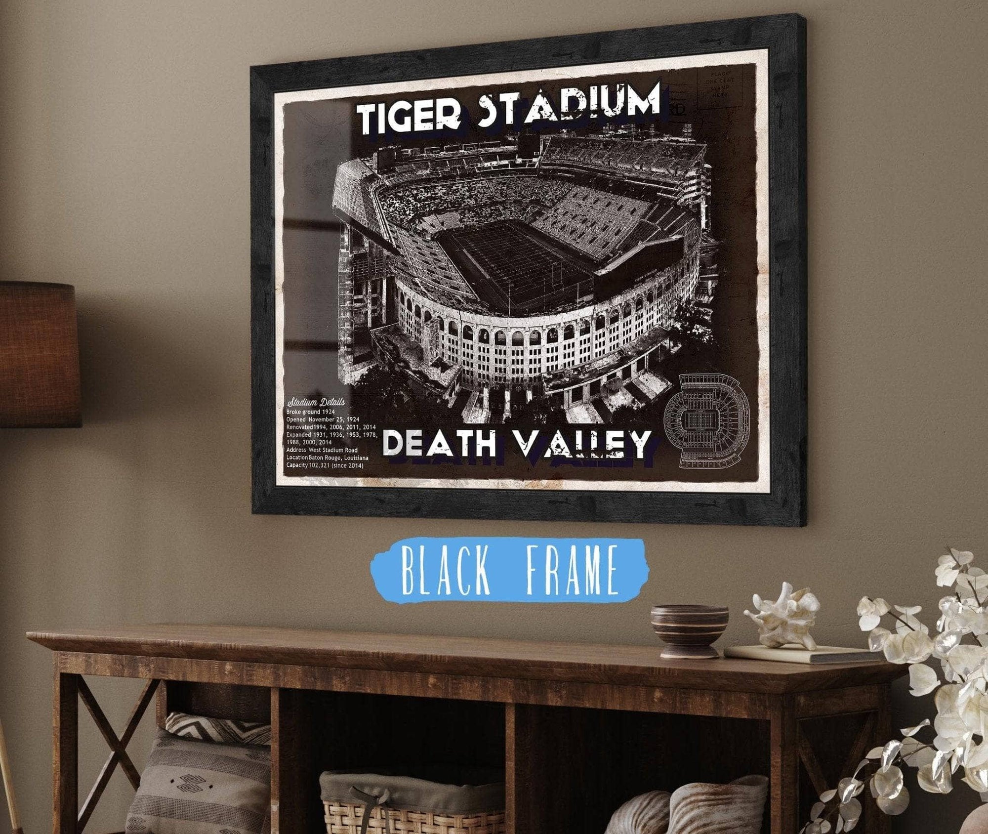 Cutler West College Football Collection 14" x 11" / Black Frame Tiger Stadium Art - LSU Tigers Vintage Stadium & Blueprint Art Print 933311065