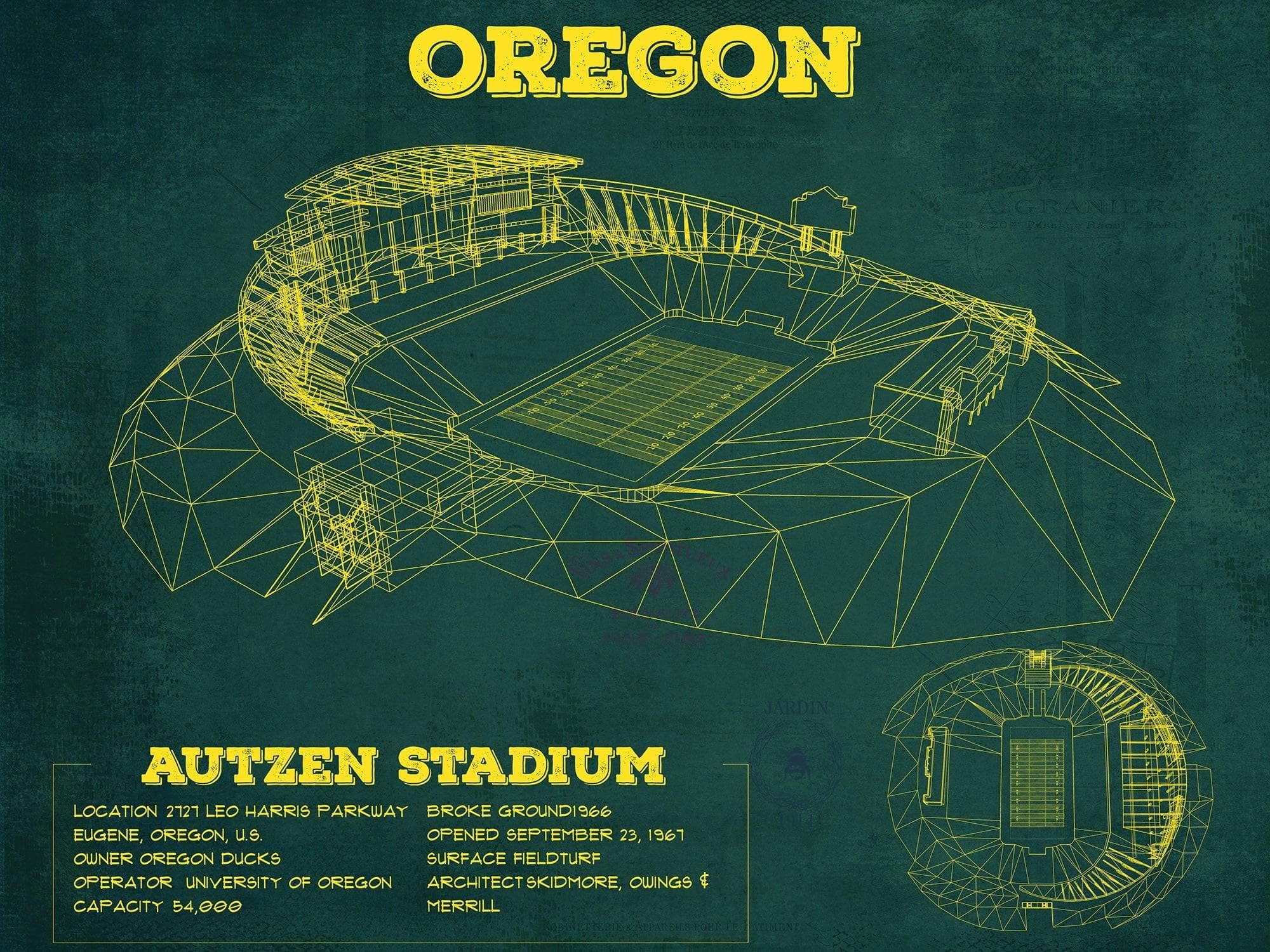 Cutler West College Football Collection 14" x 11" / Unframed Vintage Autzen Stadium Blueprint - Oregon Ducks Football Print 750807391-14"-x-11"69899