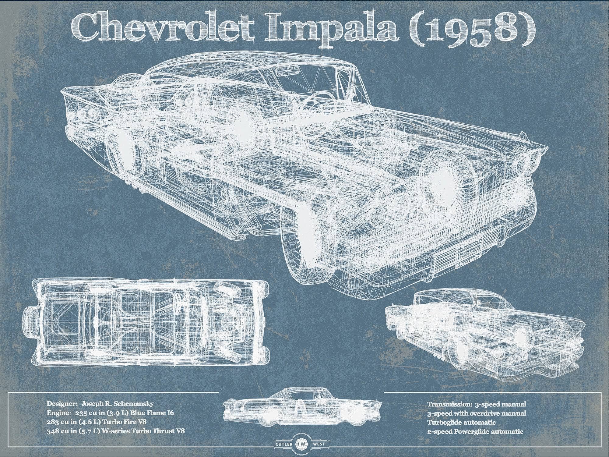Cutler West Chevrolet Collection 1958 Chevrolet Impala Blueprint Vintage Auto Print