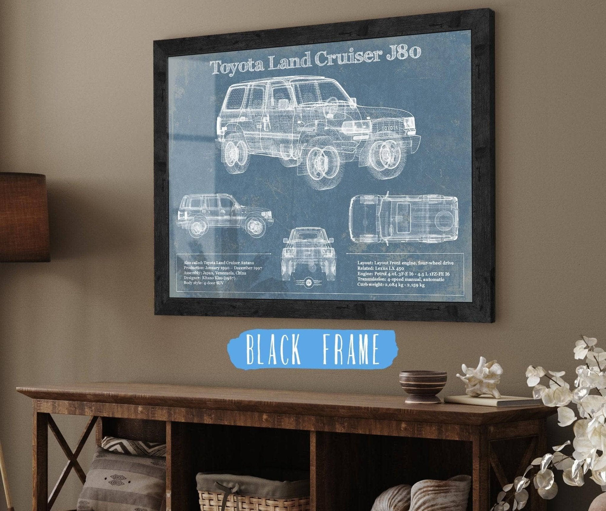 Cutler West Toyota Collection 14" x 11" / Black Frame Toyota Land Cruiser J80 Blueprint Vintage Auto Print 833110136_29203