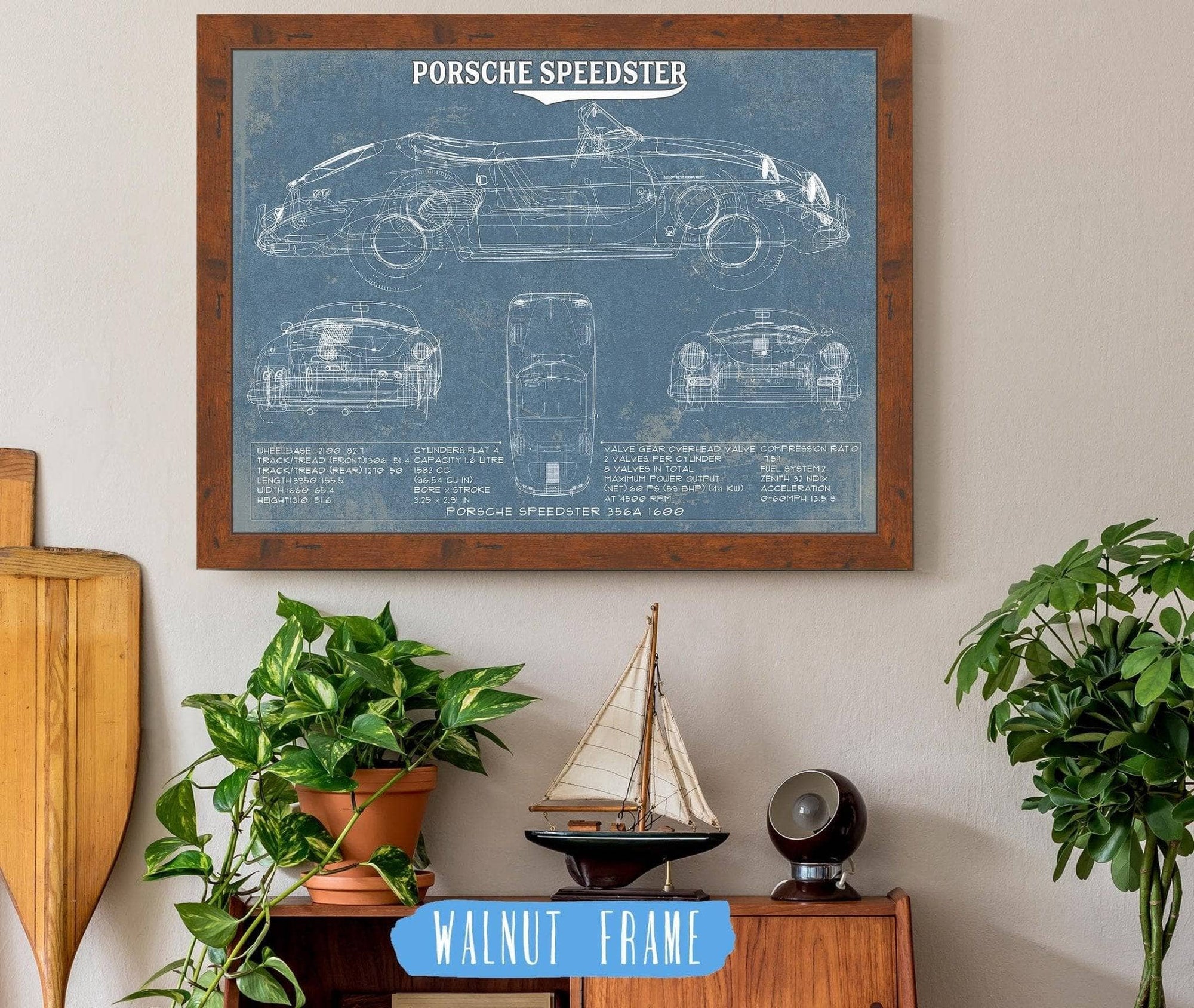 Cutler West Porsche Collection 14" x 11" / Walnut Frame Porsche Speedster 356A 1600 Vintage Auto Print 694513411-BLUE_11015