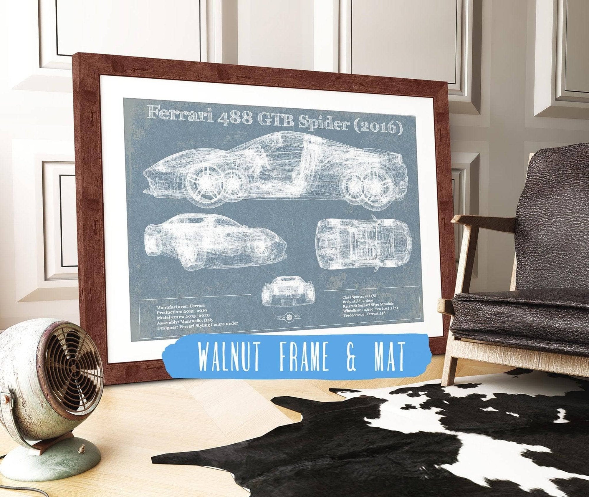 Cutler West Ferrari Collection 14" x 11" / Walnut Frame & Mat Ferrari 488 GTB Spider (2016) Blueprint Vintage Auto Print 833110064_61611