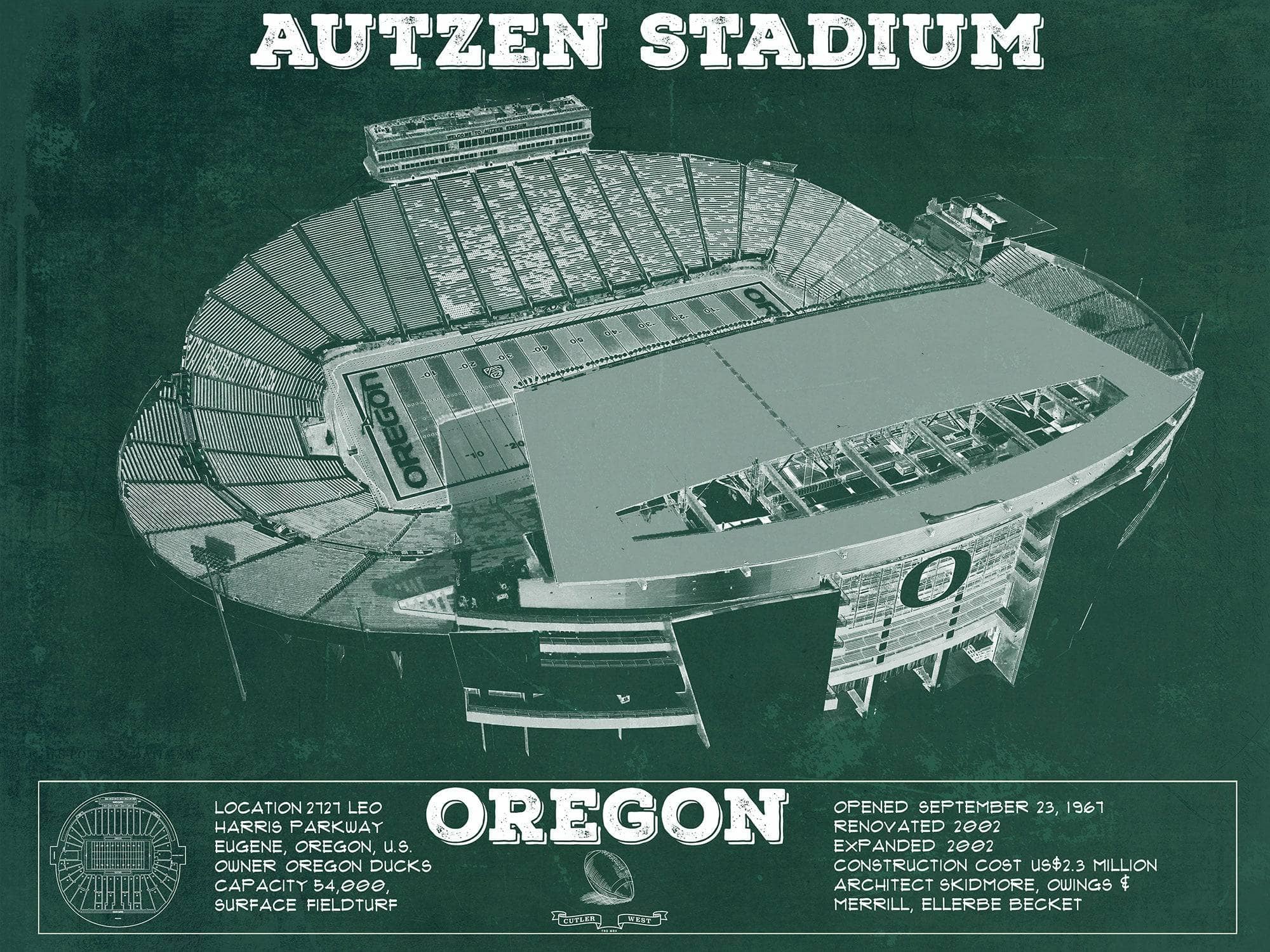 Cutler West College Football Collection 14" x 11" / Unframed Vintage Autzen Stadium - Oregon Ducks Football Print 718616953-14"-x-11"35735
