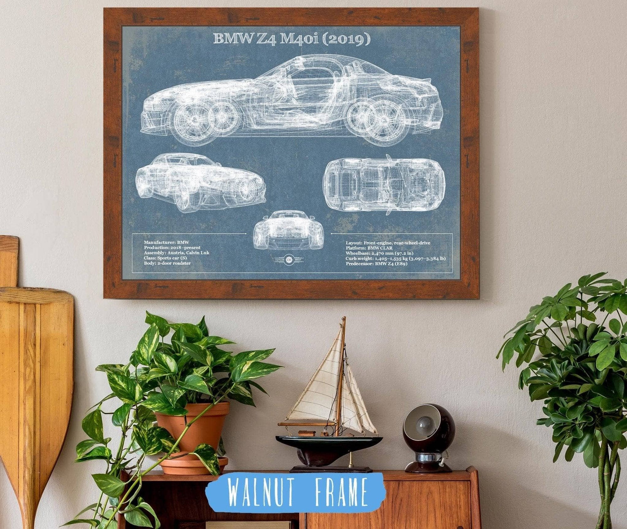 Cutler West Vehicle Collection 14" x 11" / Walnut Frame BMW Z4 M40i (2019) Vintage Blueprint Auto Print 833110075_48872