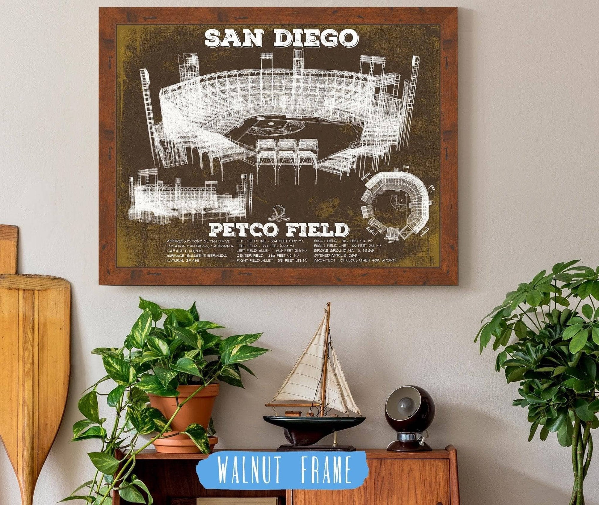 Cutler West Baseball Collection 14" x 11" / Walnut Frame San Diego Padres - Petco Park Vintage Stadium Team Color Baseball Print 817046362_69374