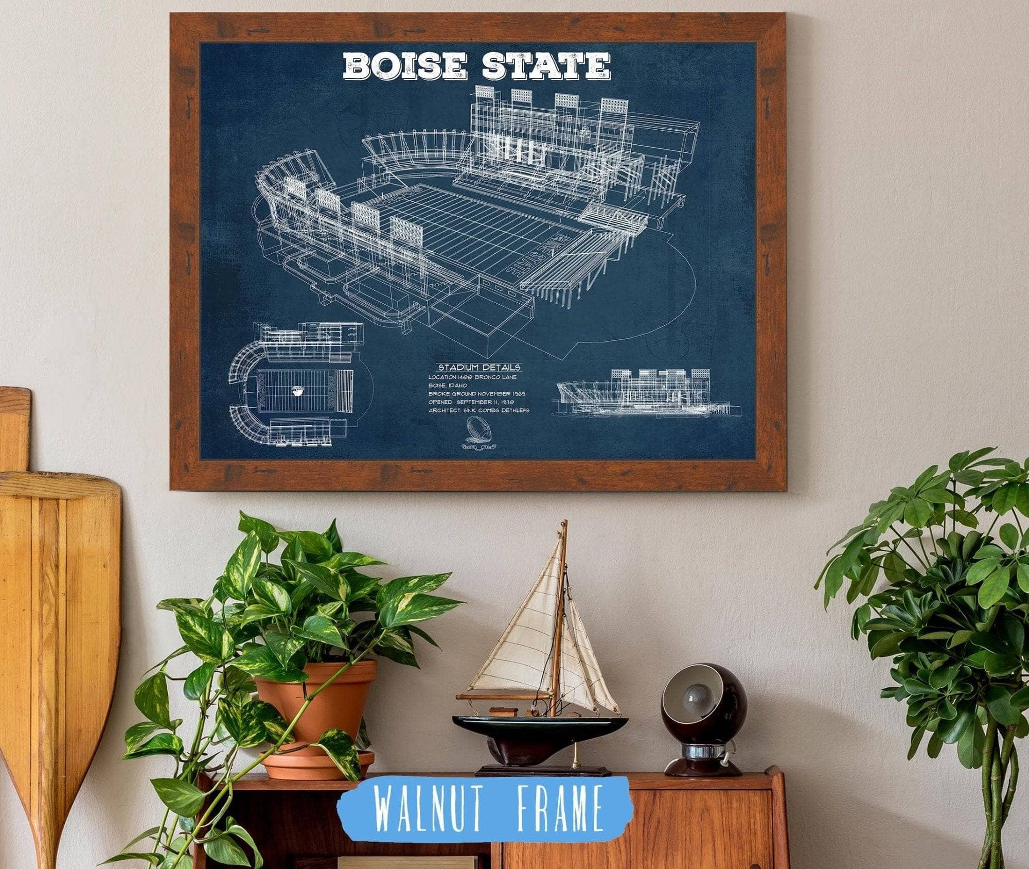 Cutler West College Football Collection 14" x 11" / Walnut Frame Boise State Broncos Art - Vintage Boise State Stadium Blueprint Art Print 794329567_47156