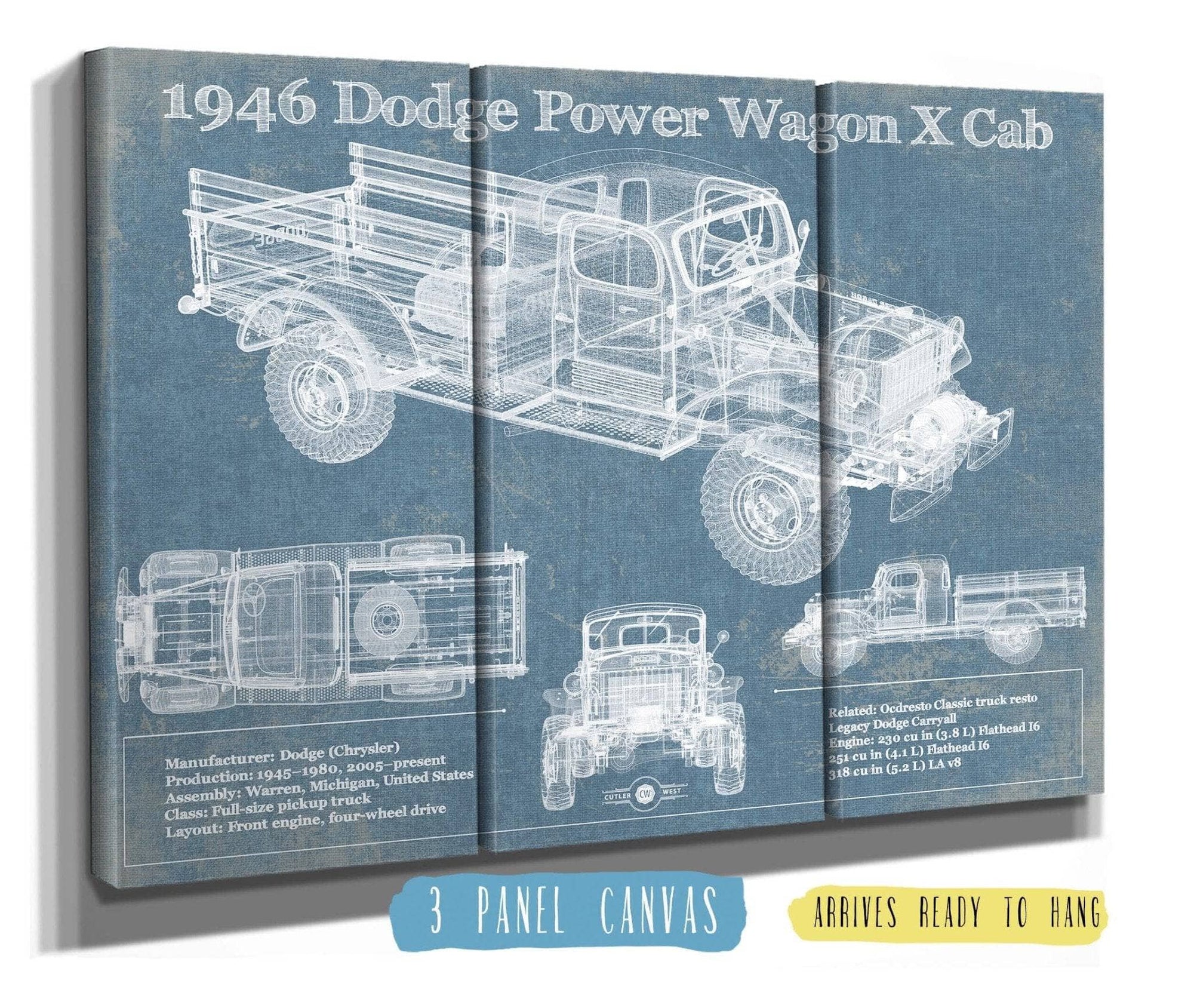 Cutler West Dodge Collection 48" x 32" / 3 Panel Canvas Wrap 1946 Dodge Power Wagon X Cab Vintage Blueprint Auto Print 933311016_33278