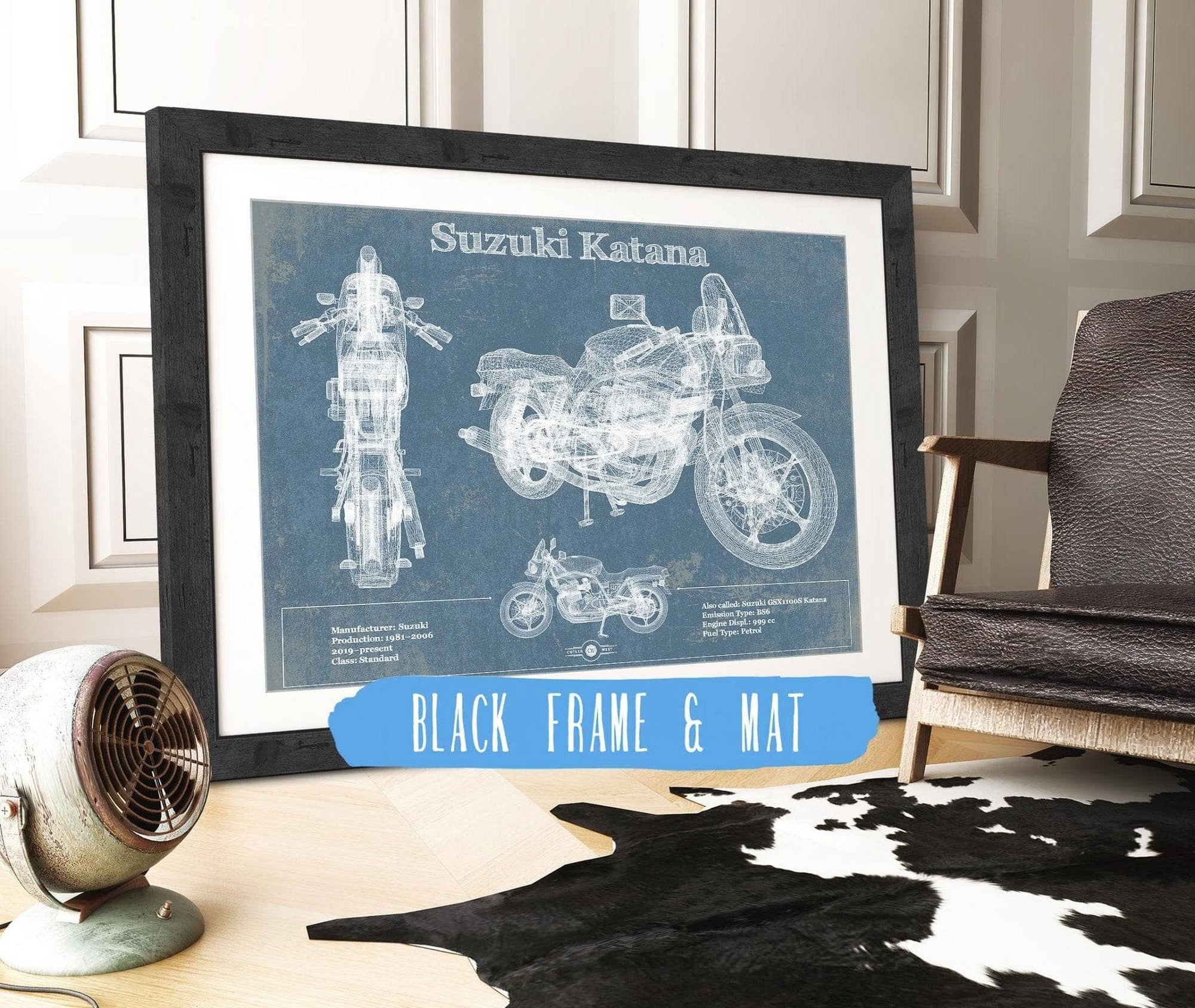 Cutler West 14" x 11" / Black Frame & Mat Suzuki Katana Blueprint Motorcycle Patent Print 891062349_10490