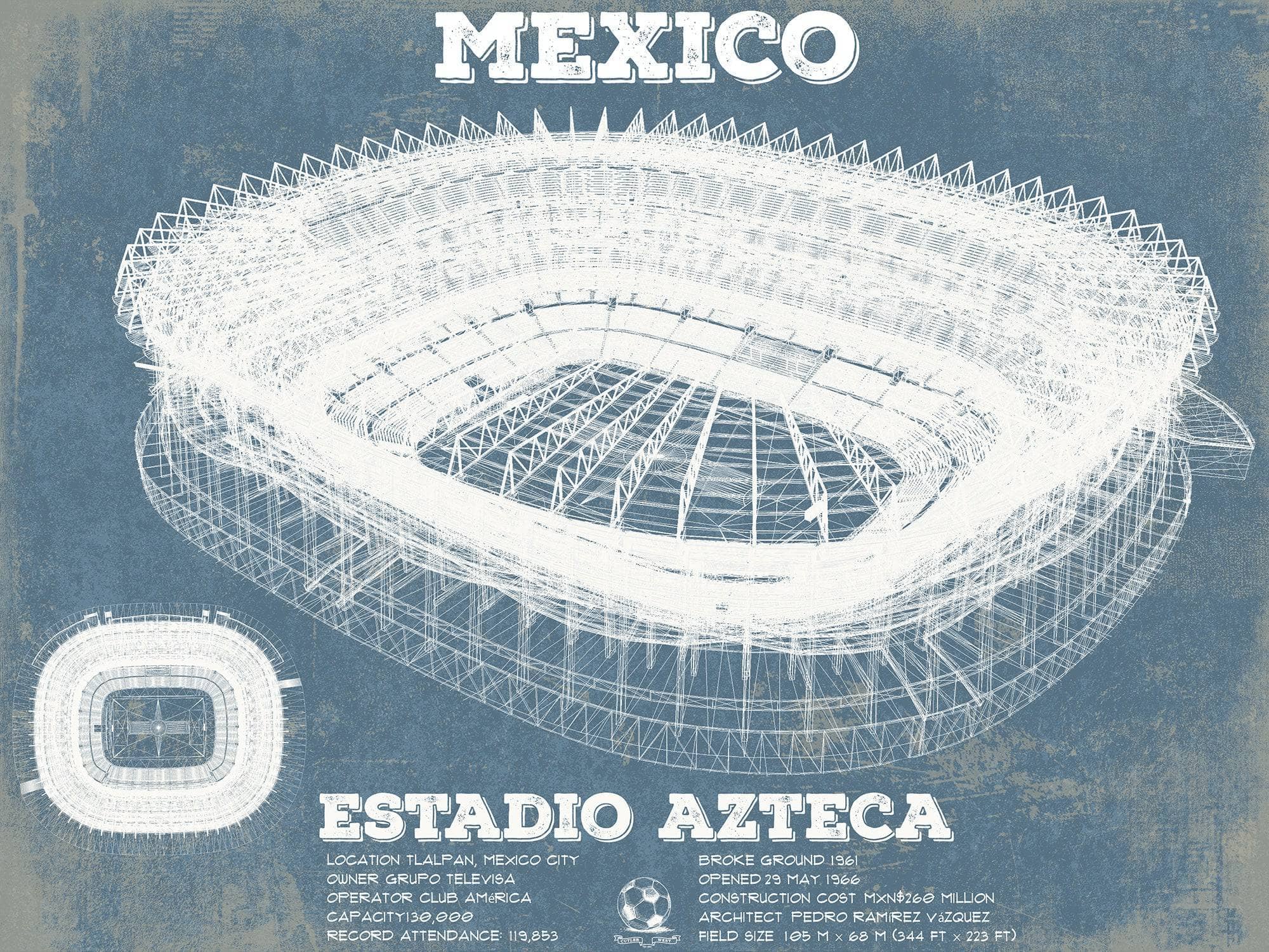 Cutler West Soccer Collection 14" x 11" / Unframed Mexico Football - Vintage Estadio Azteca Stadium Soccer Print 755380905_74187