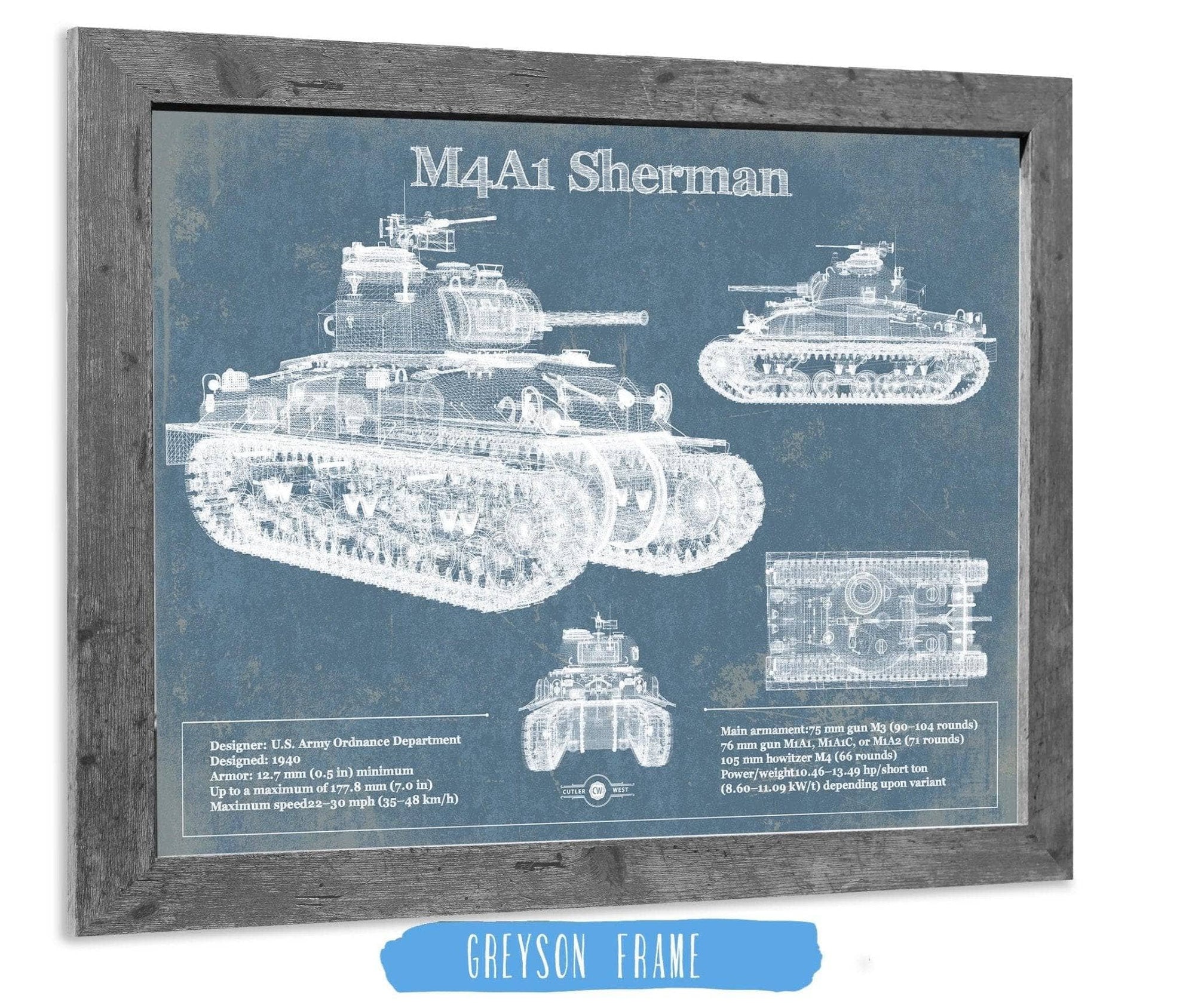 Cutler West Military Weapons Collection 14" x 11" / Greyson Frame M4A1 Sherman Tank Vintage Blueprint Print 845000241_15771
