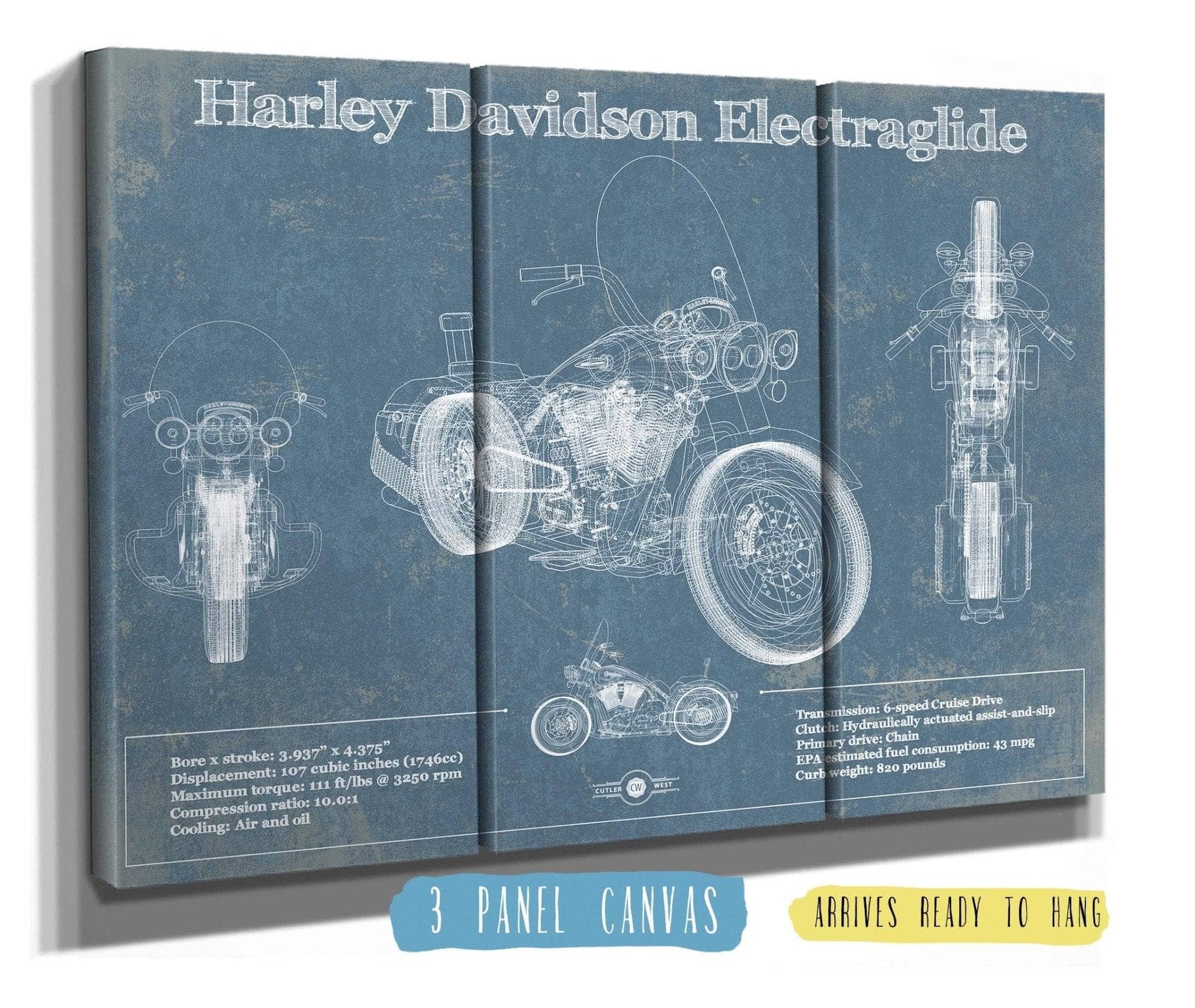 Cutler West 48" x 32" / 3 Panel Canvas Wrap Harley Davidson ElectraGlide Motorcycle Patent Print 833110125_17590