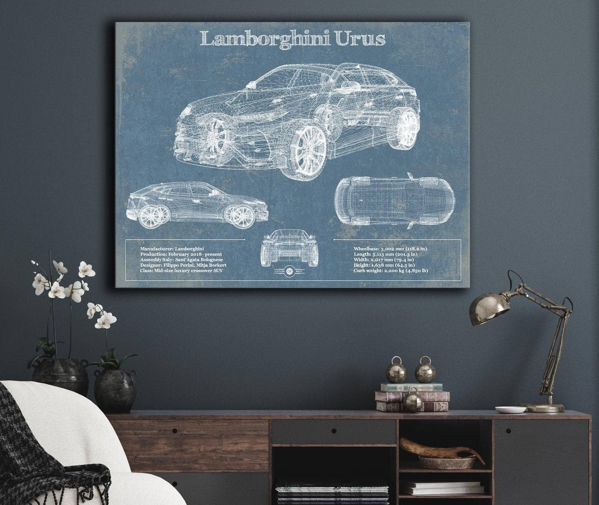 Cutler West Vehicle Collection Lamborghini Urus 2019 Vintage Blueprint Auto Print